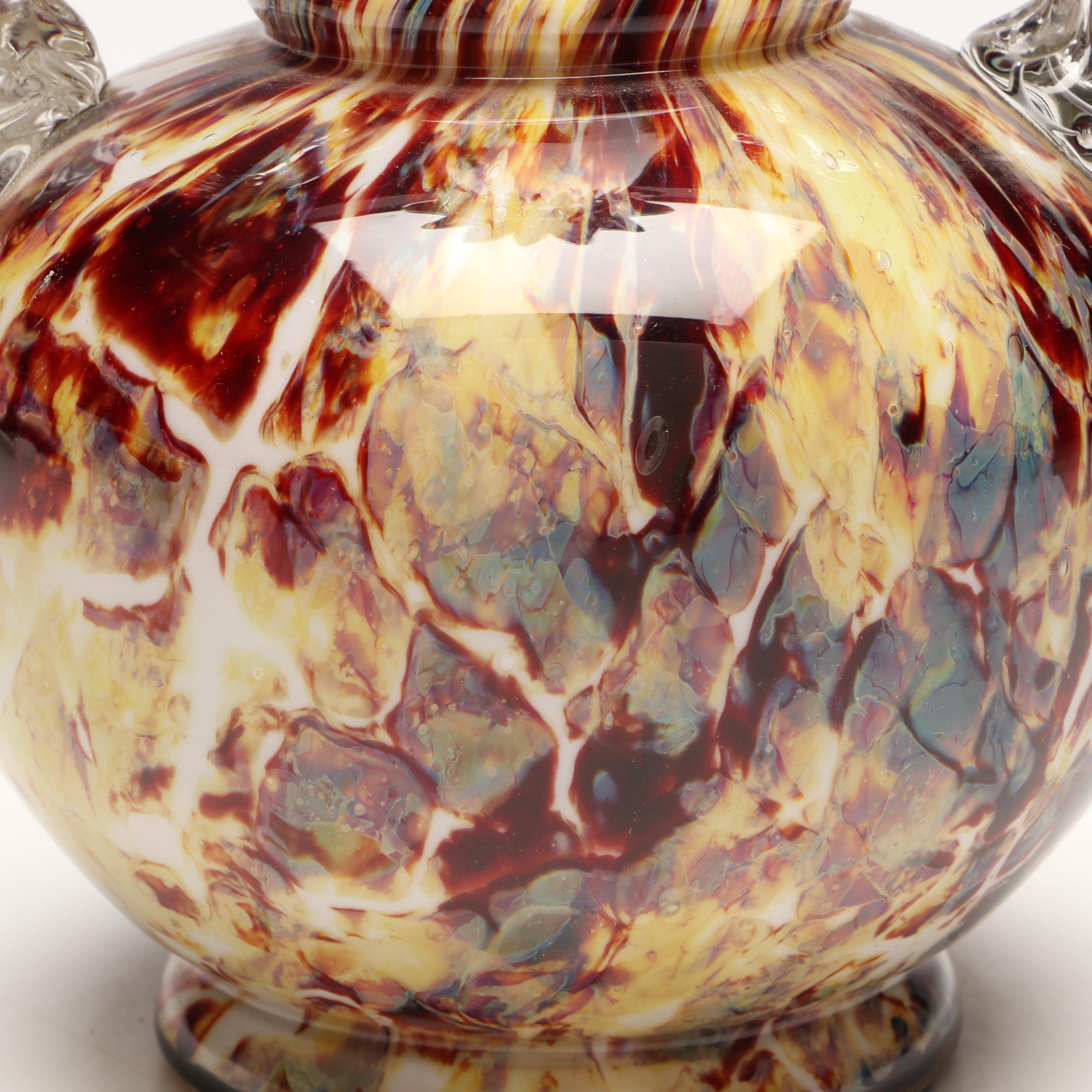 Mottled Pattern Spatter Handled Art Glass Vase