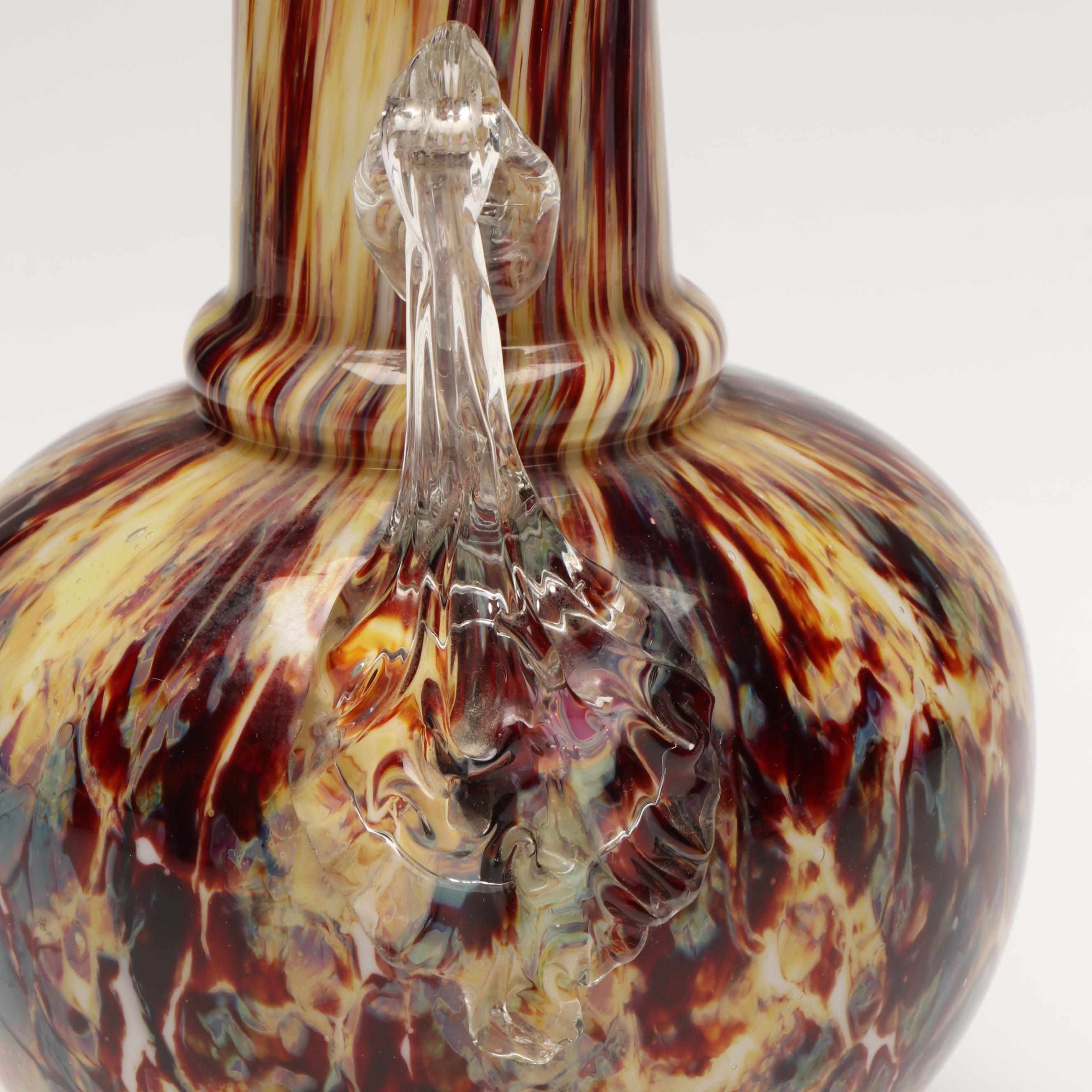 Mottled Pattern Spatter Handled Art Glass Vase