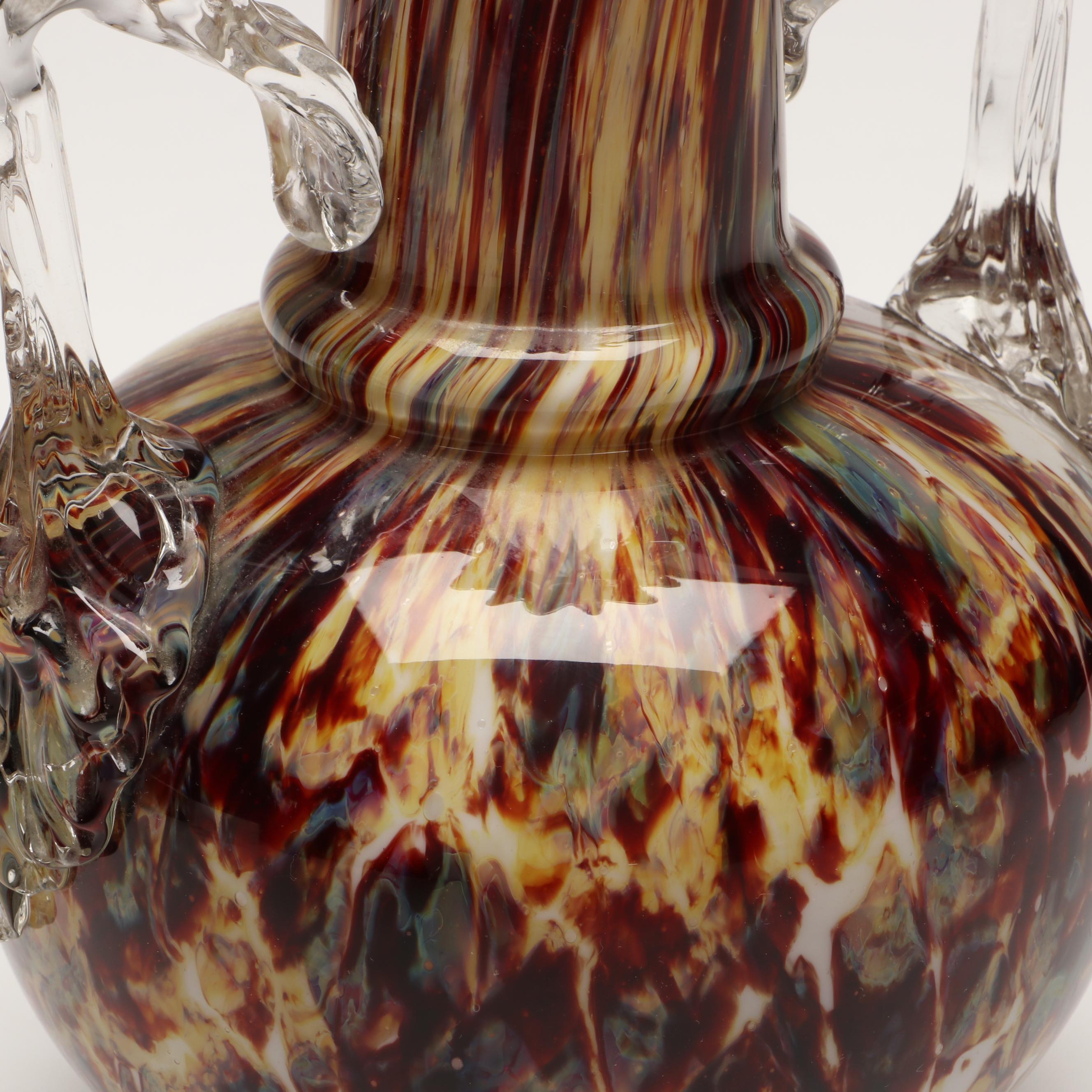 Mottled Pattern Spatter Handled Art Glass Vase