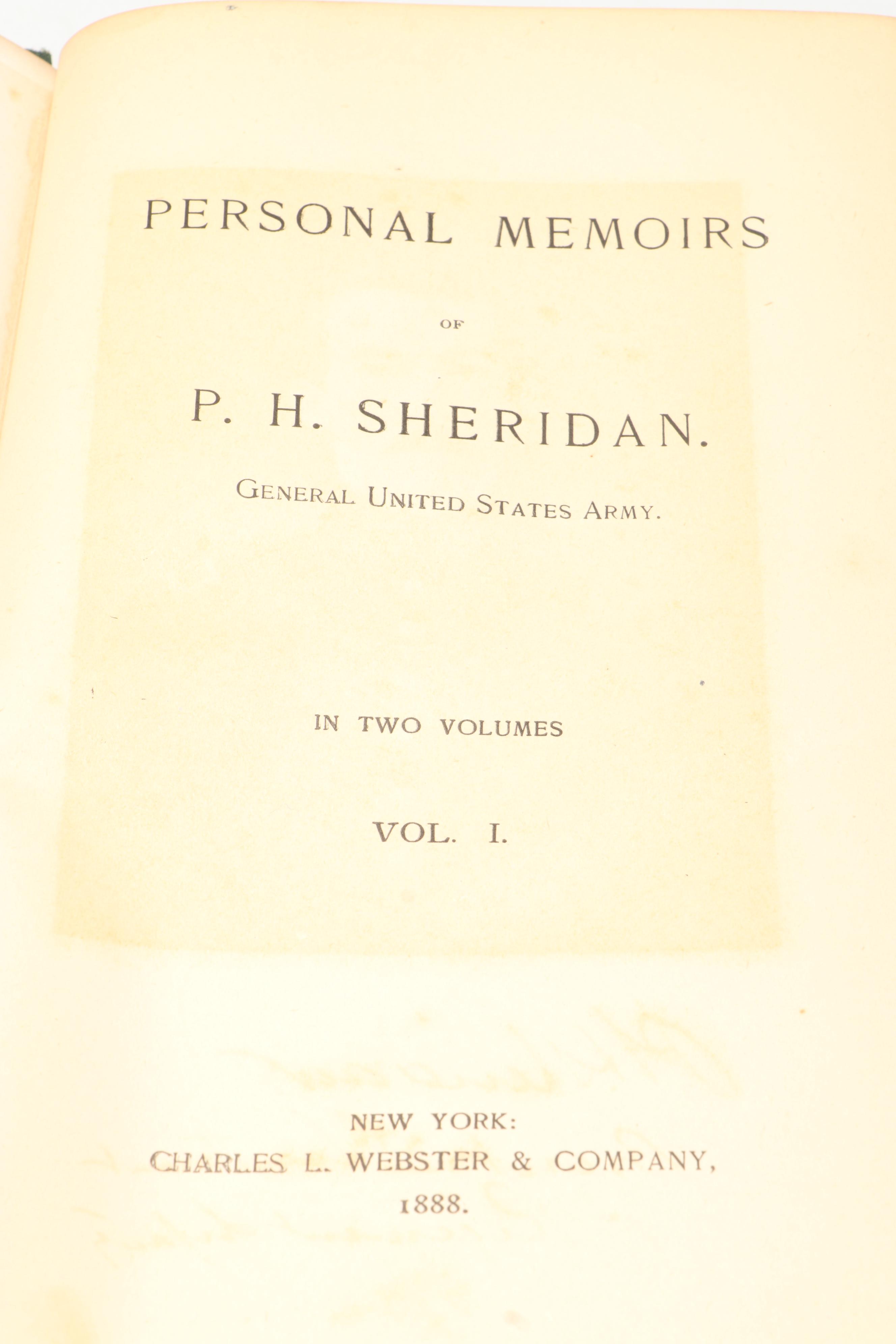 First Edition "Personal Memoirs of P. H. Sheridan" Two-Volume Set, 1888