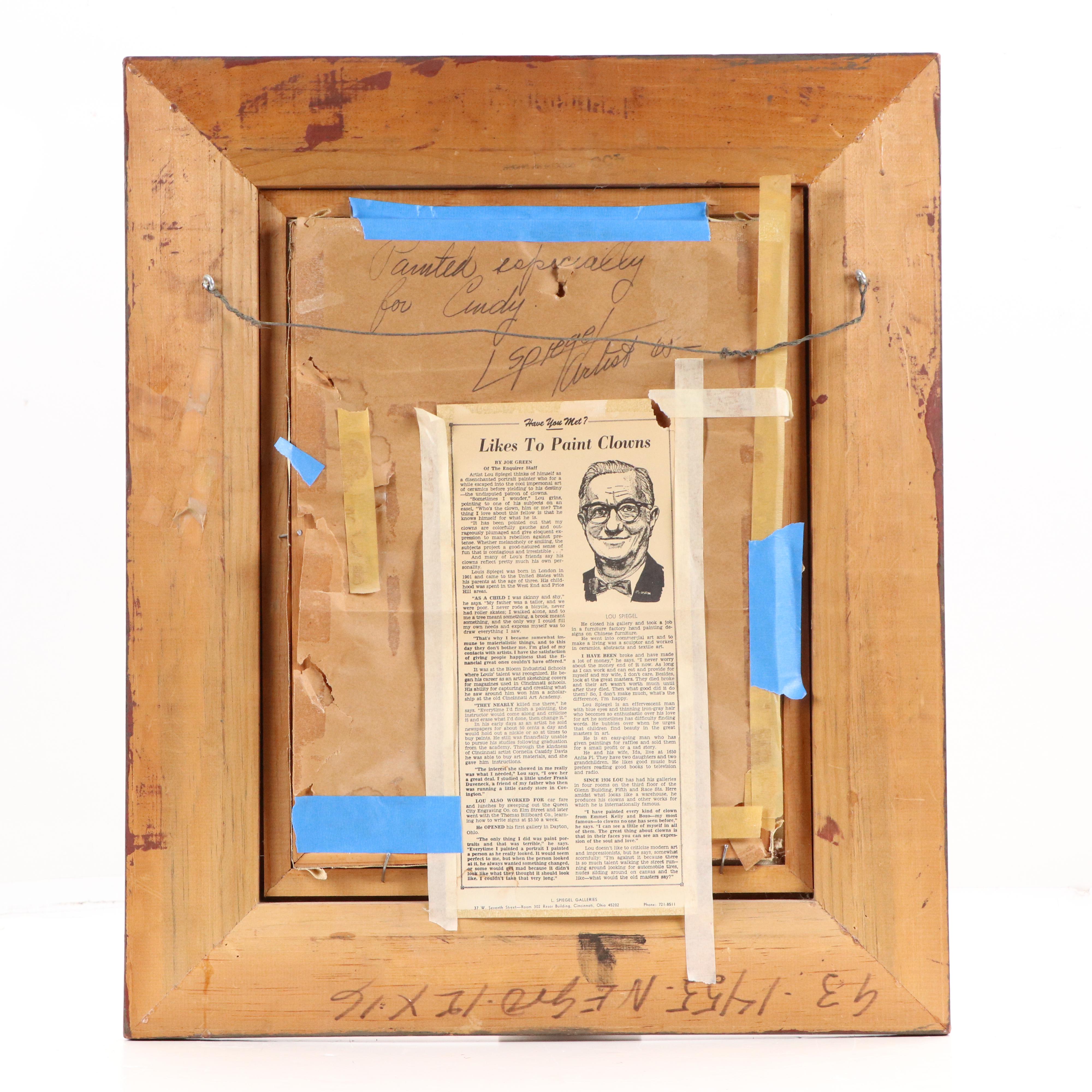 Louis Spiegel Oil Painting Portrait of Clown, 1968