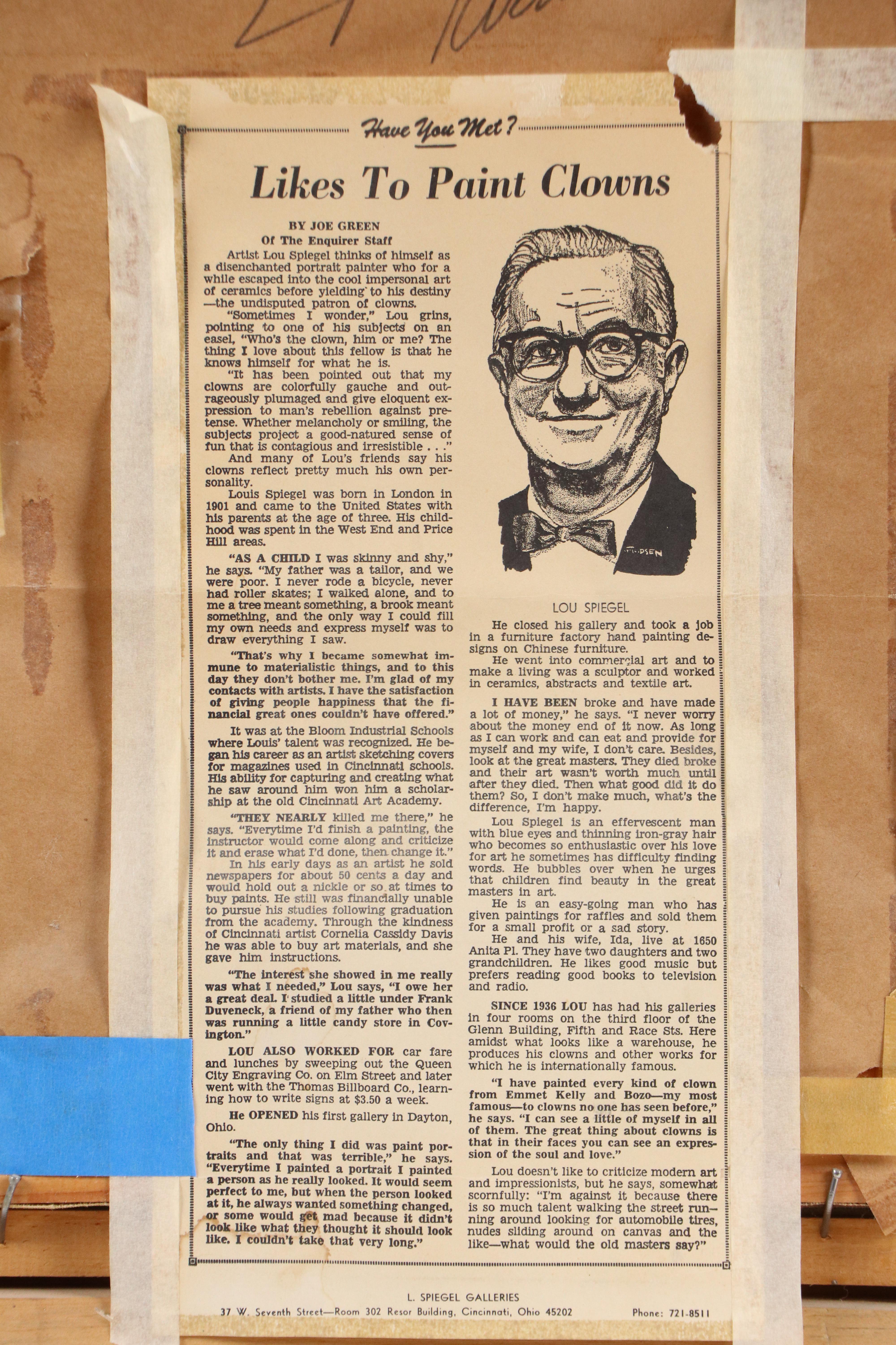 Louis Spiegel Oil Painting Portrait of Clown, 1968