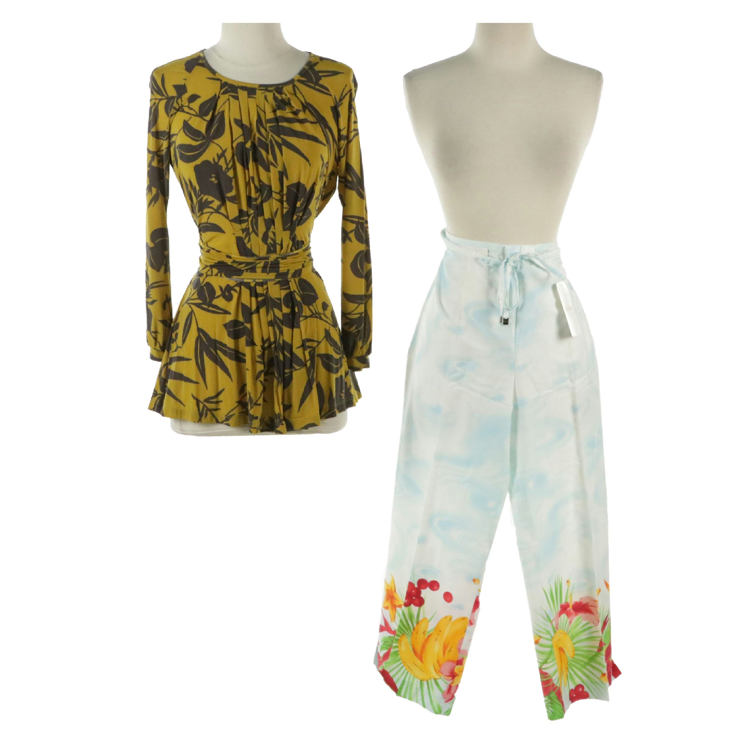 ETRO Printed Top and Escada Tropical Print Cotton Drawstring Pants with Tags
