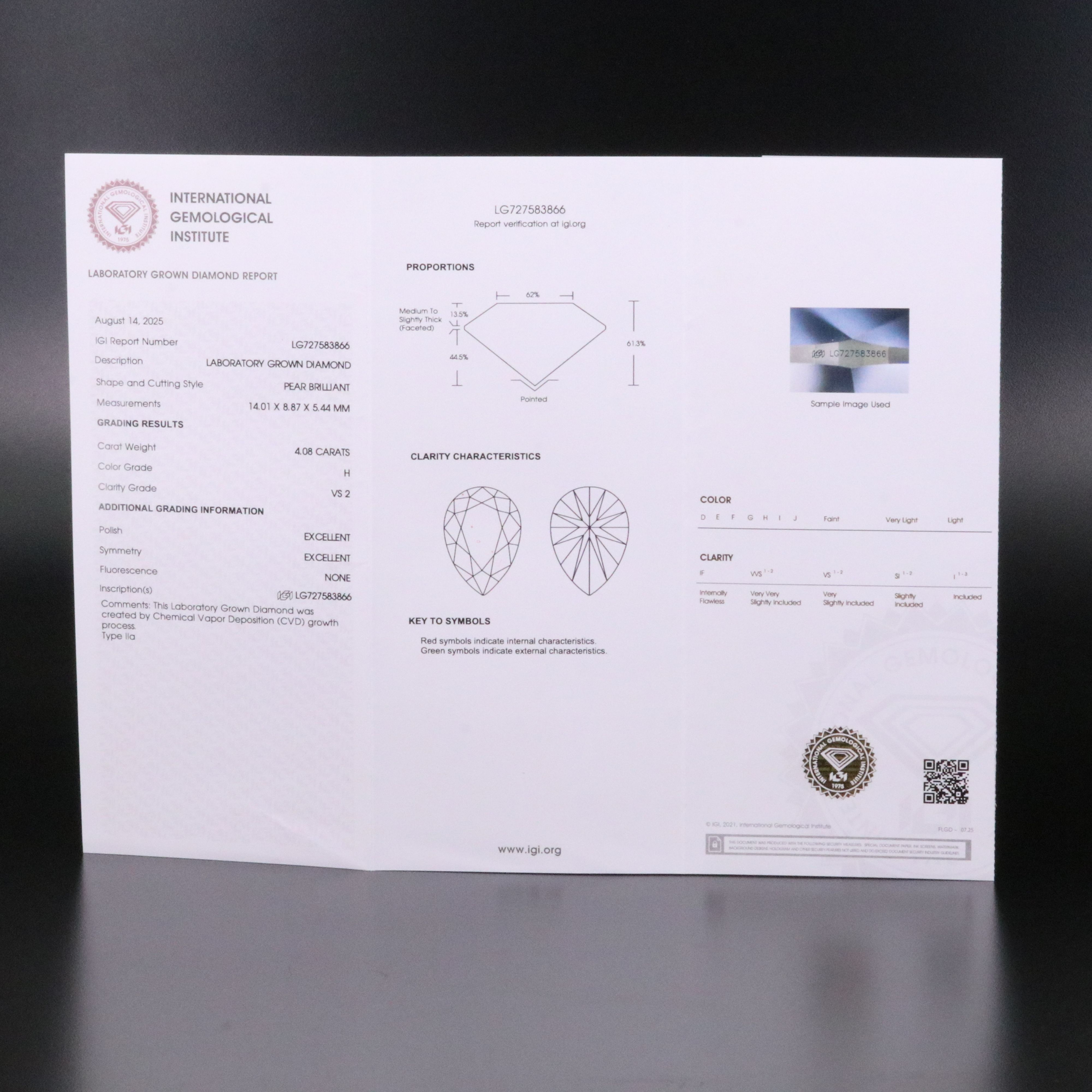 Loose 4.08 CT Lab Grown Diamond with IGI Report