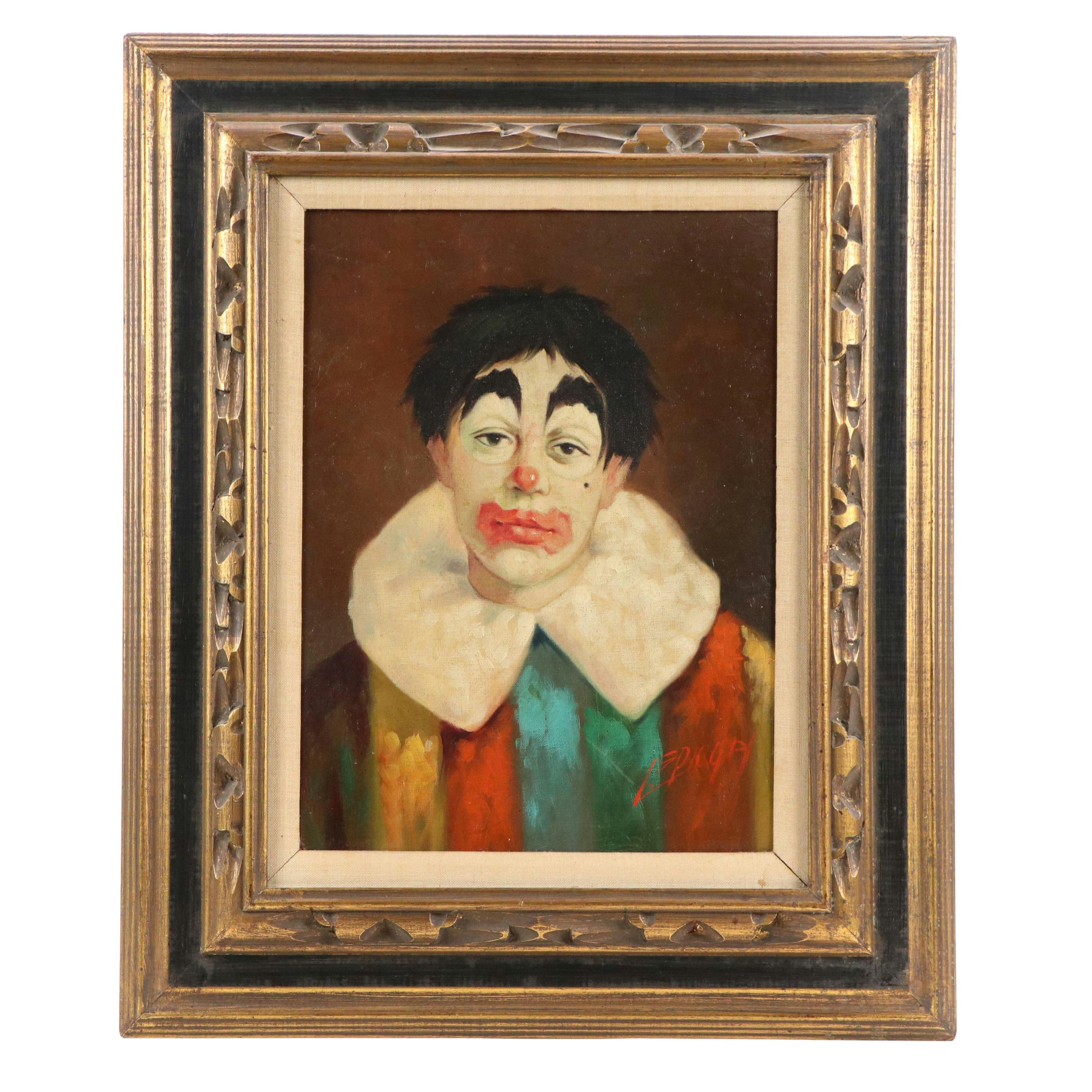 Louis Spiegel Oil Painting Portrait of Clown, 1968