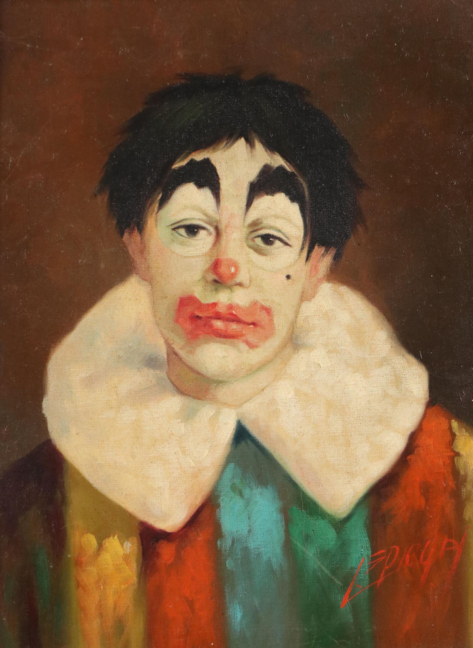 Louis Spiegel Oil Painting Portrait of Clown, 1968