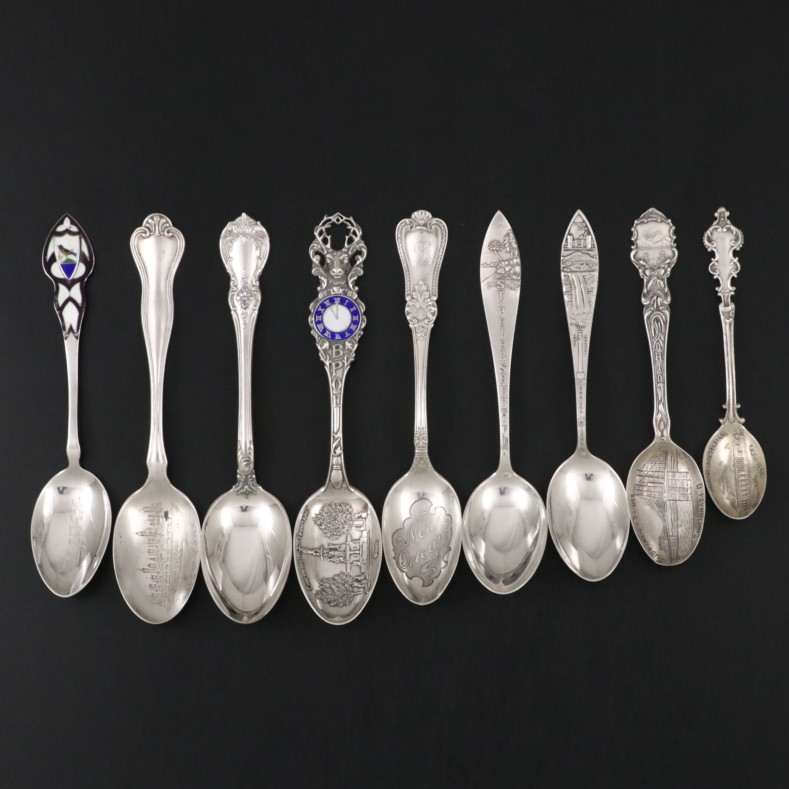 Sterling Silver and Enamel Tea and Souvenir Spoons, Late 19th to Early 20th C.