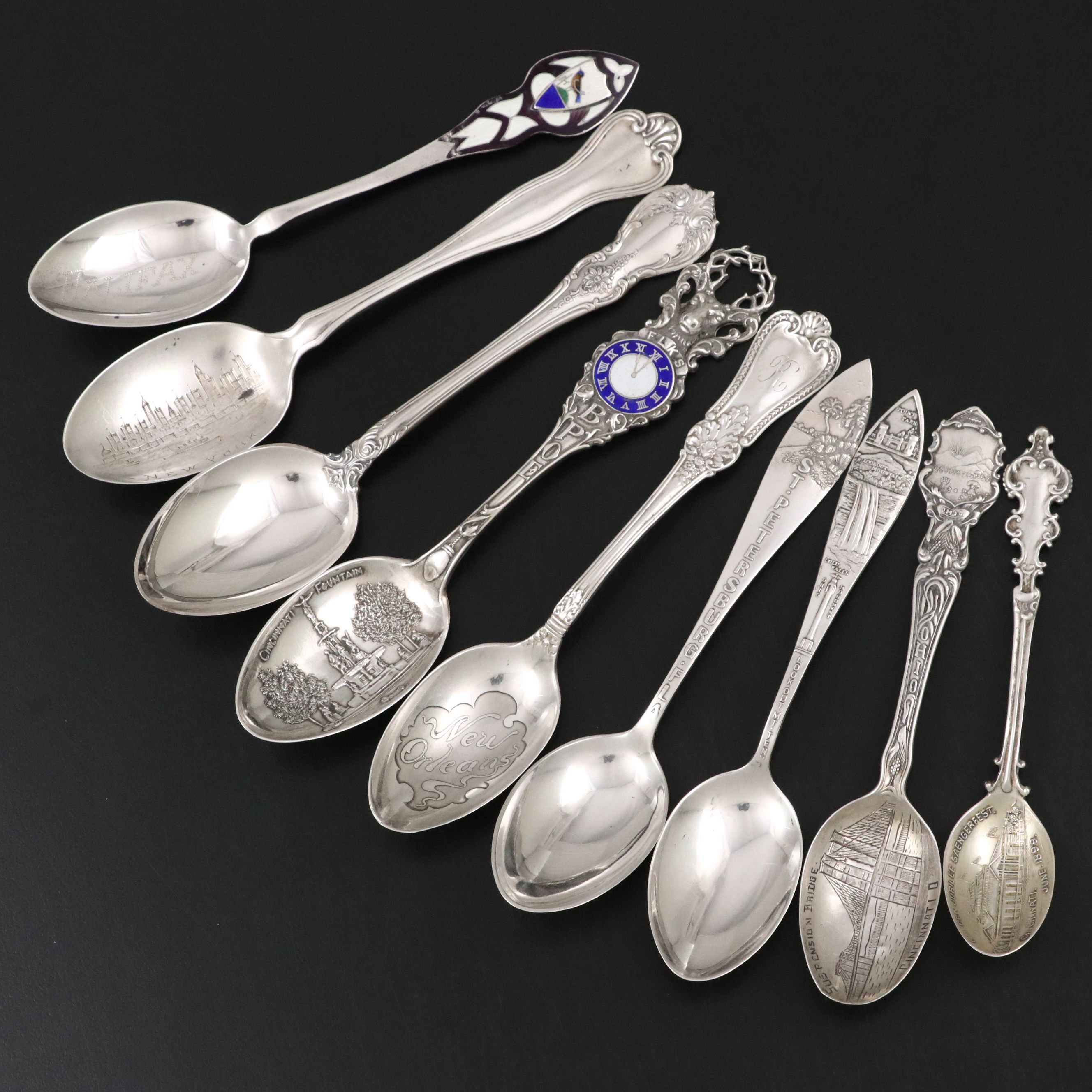 Sterling Silver and Enamel Tea and Souvenir Spoons, Late 19th to Early 20th C.