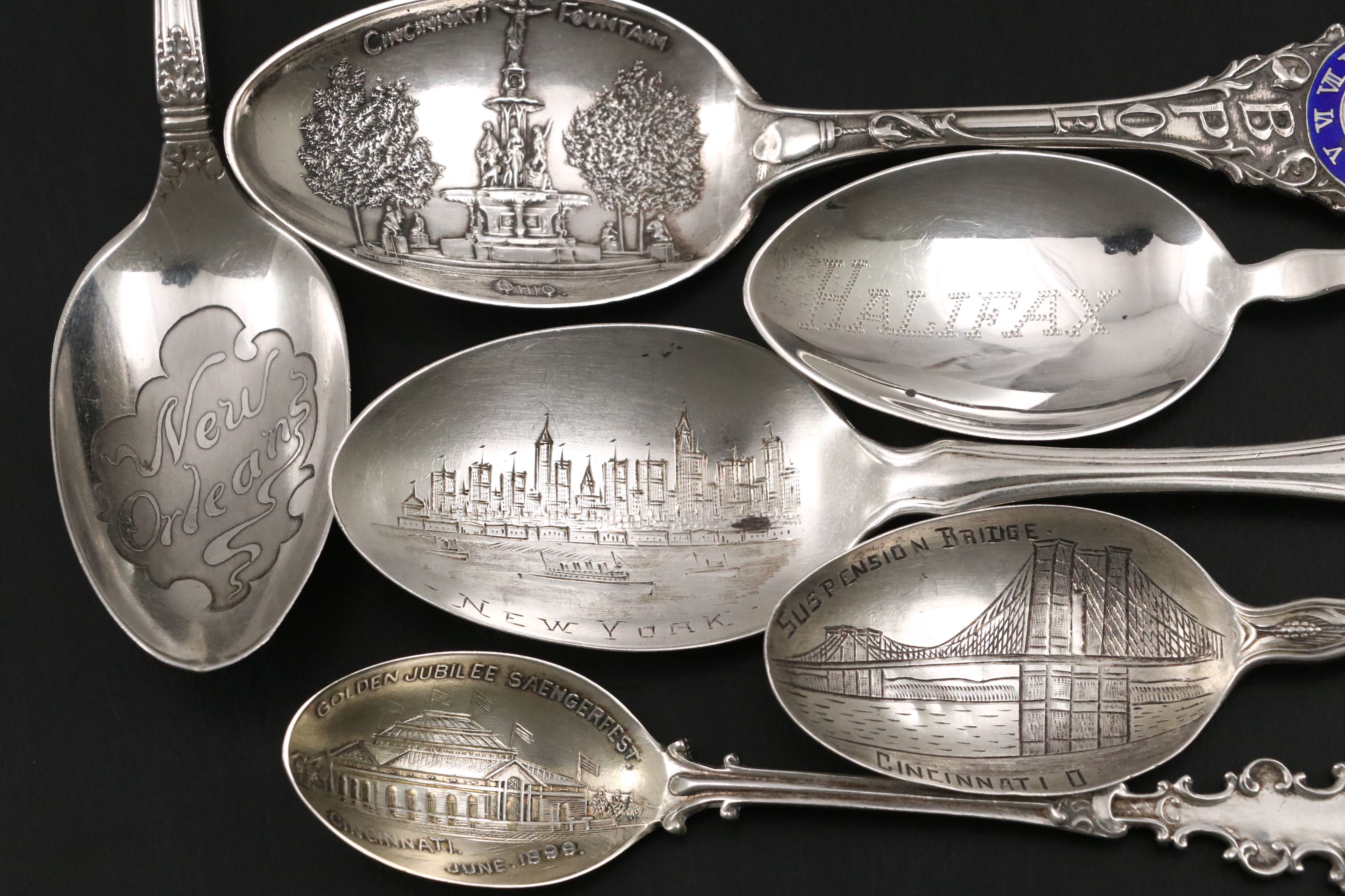 Sterling Silver and Enamel Tea and Souvenir Spoons, Late 19th to Early 20th C.