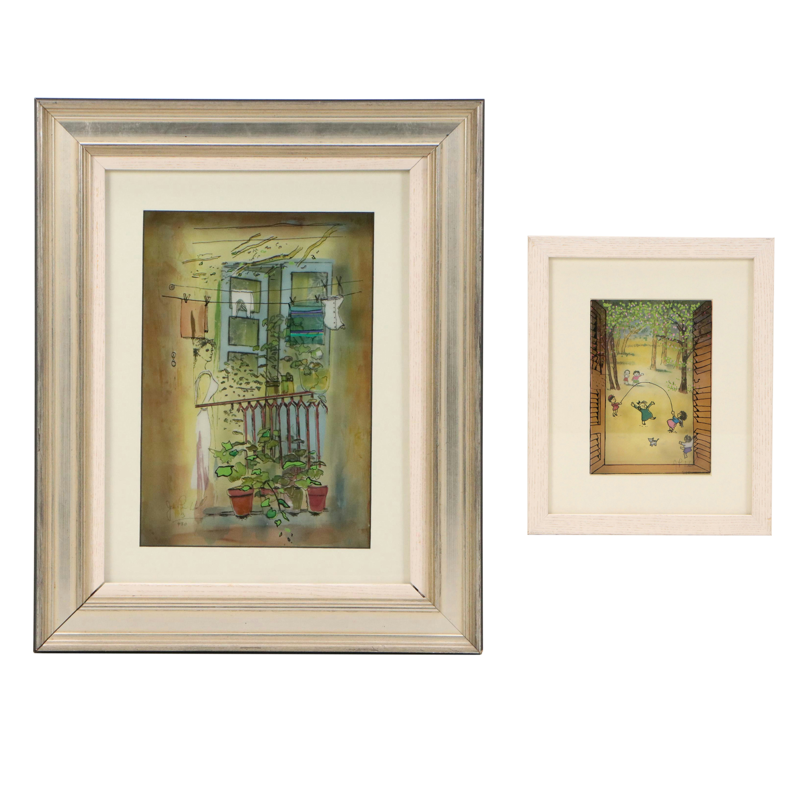 Jean-Pierre Weill Vitreographs "Girl Flowers Balcony" and Children at Play