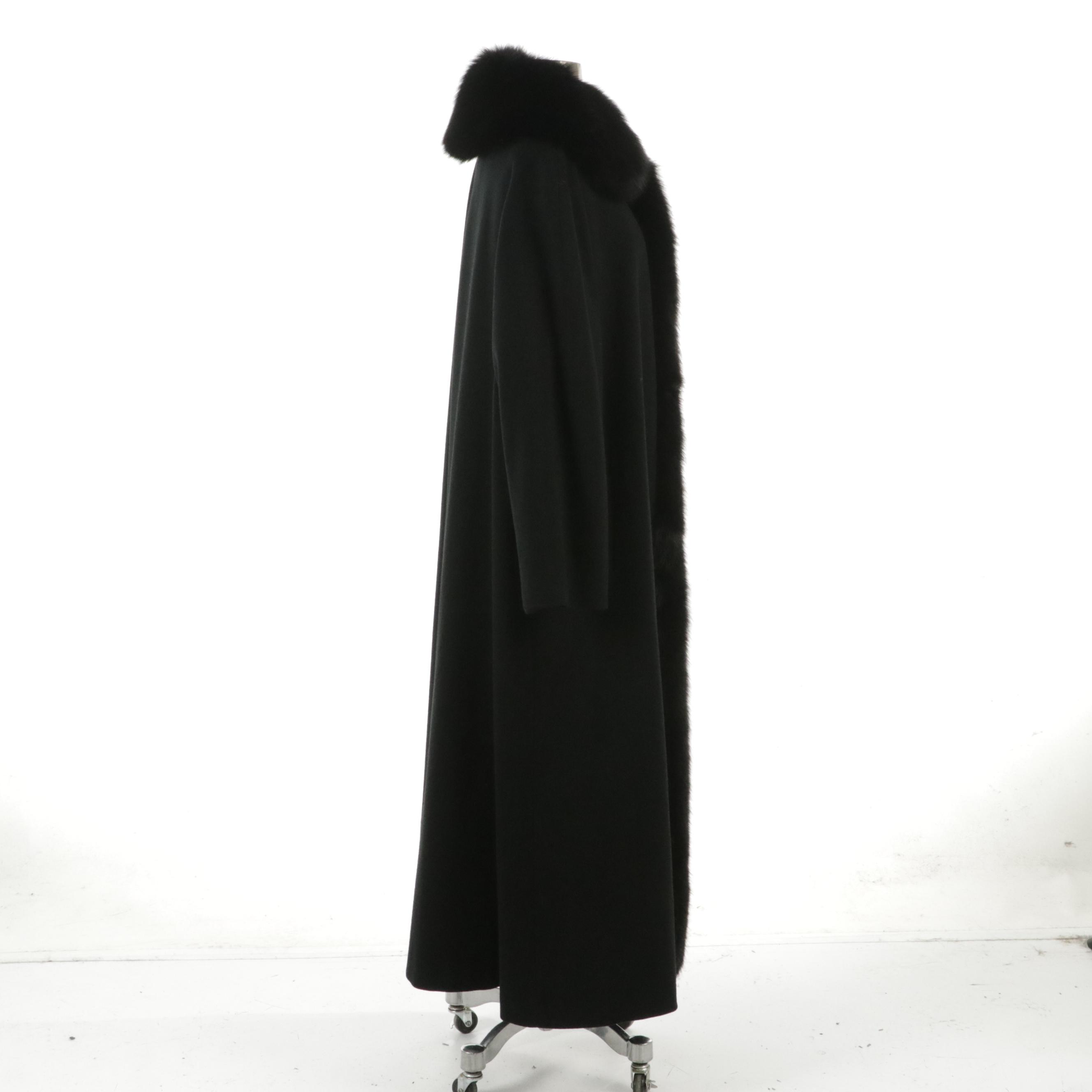 J. Percy for Marvin Richards Black Wool Long Swing Coat with Fox Fur Trim
