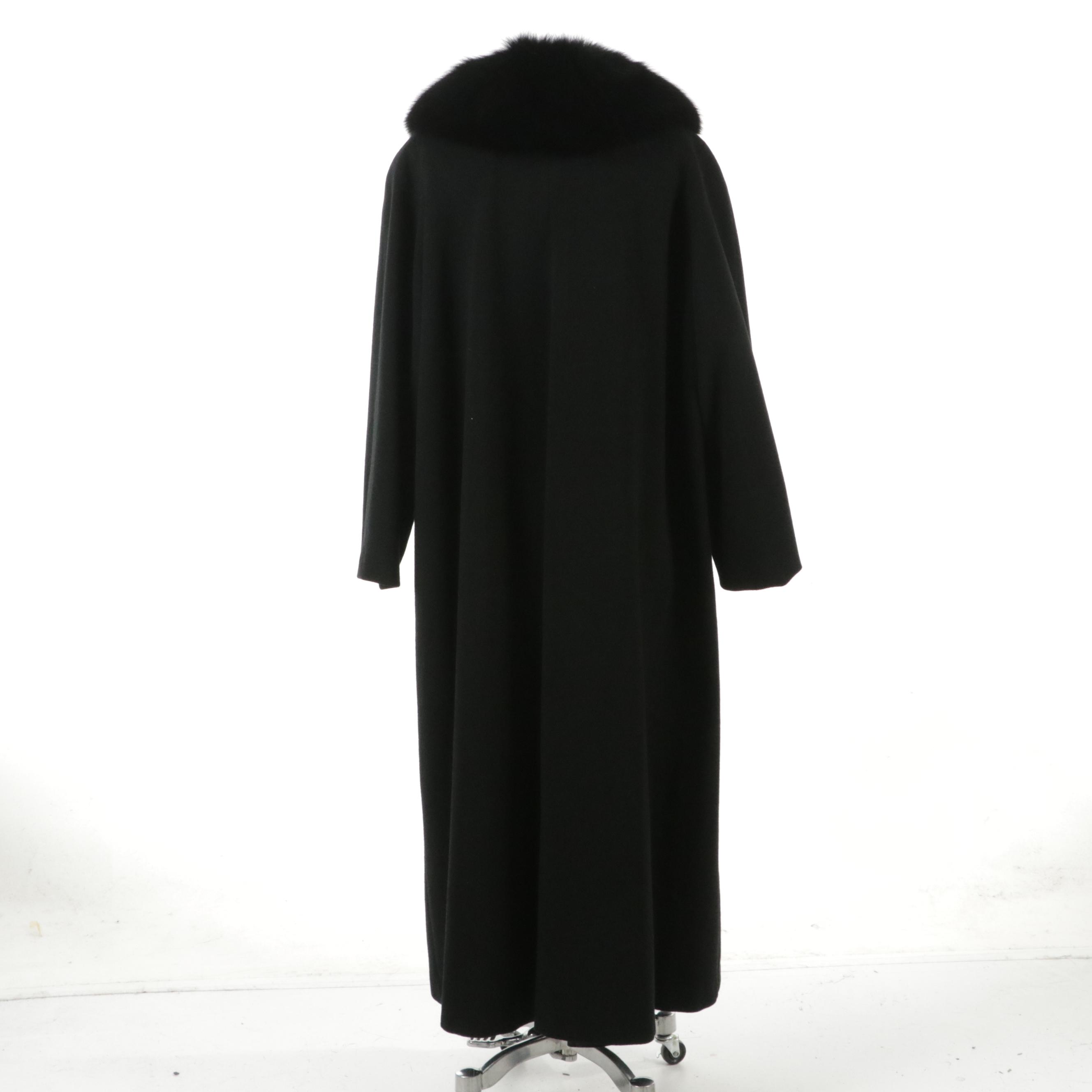J. Percy for Marvin Richards Black Wool Long Swing Coat with Fox Fur Trim