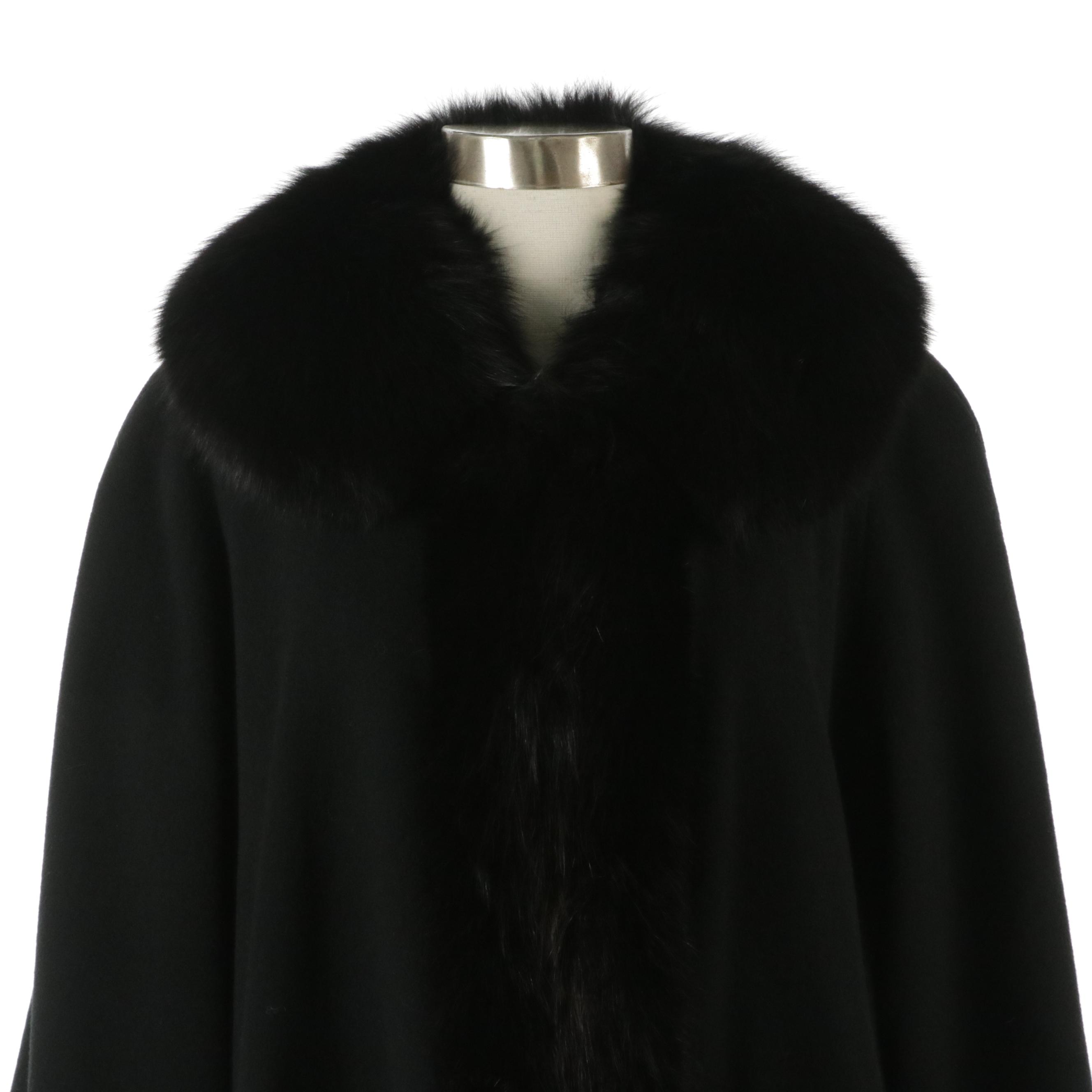 J. Percy for Marvin Richards Black Wool Long Swing Coat with Fox Fur Trim