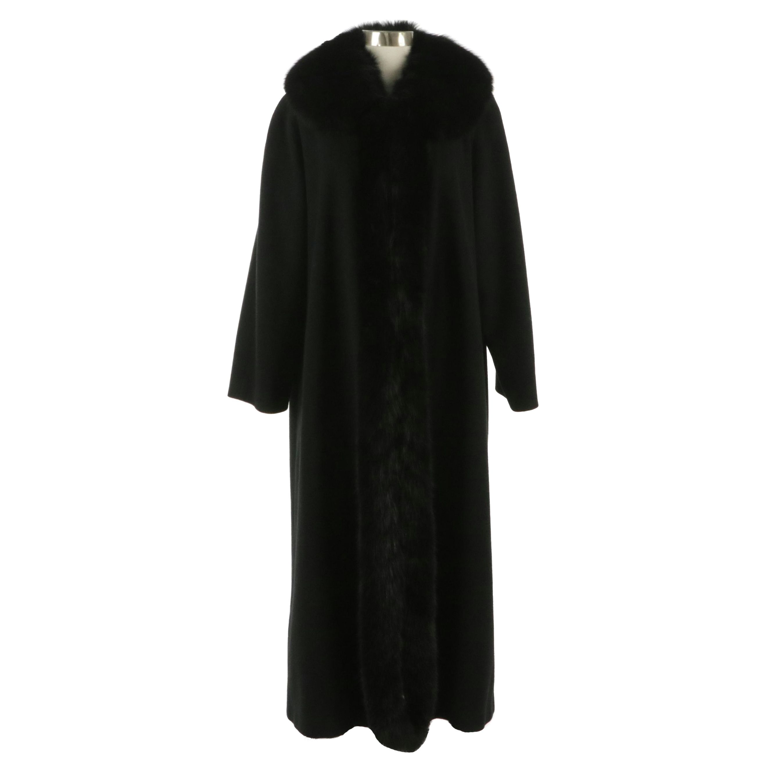 J. Percy for Marvin Richards Black Wool Long Swing Coat with Fox Fur Trim