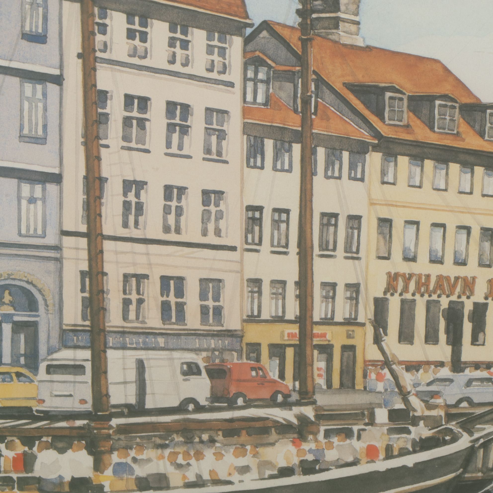 Jerry Ravanelli Offset Lithograph Cityscape Scene of Boats Near Boardwalk