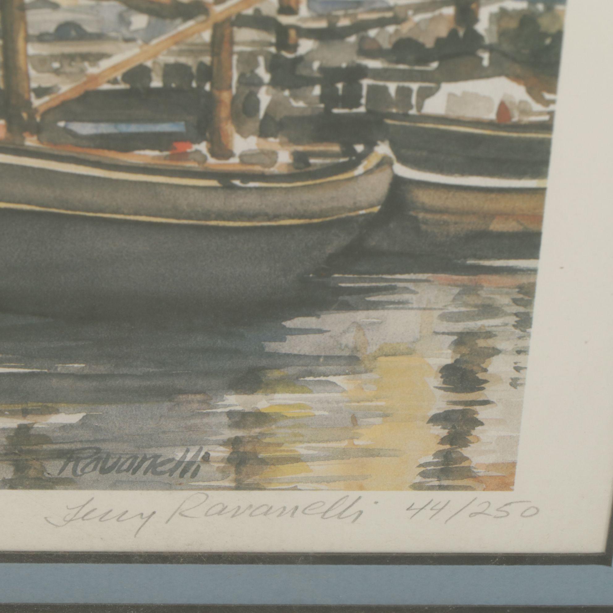 Jerry Ravanelli Offset Lithograph Cityscape Scene of Boats Near Boardwalk