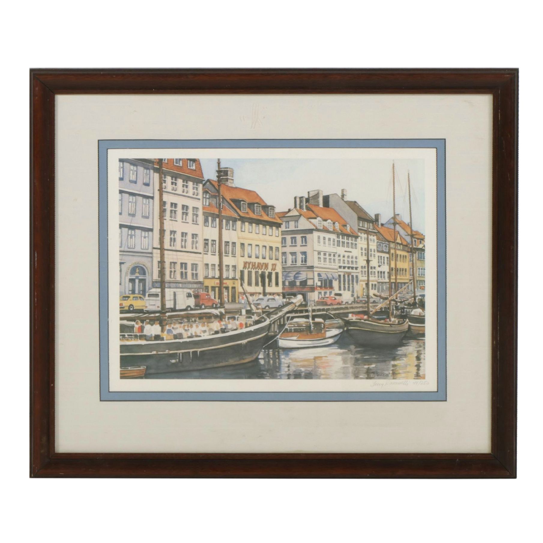 Jerry Ravanelli Offset Lithograph Cityscape Scene of Boats Near Boardwalk