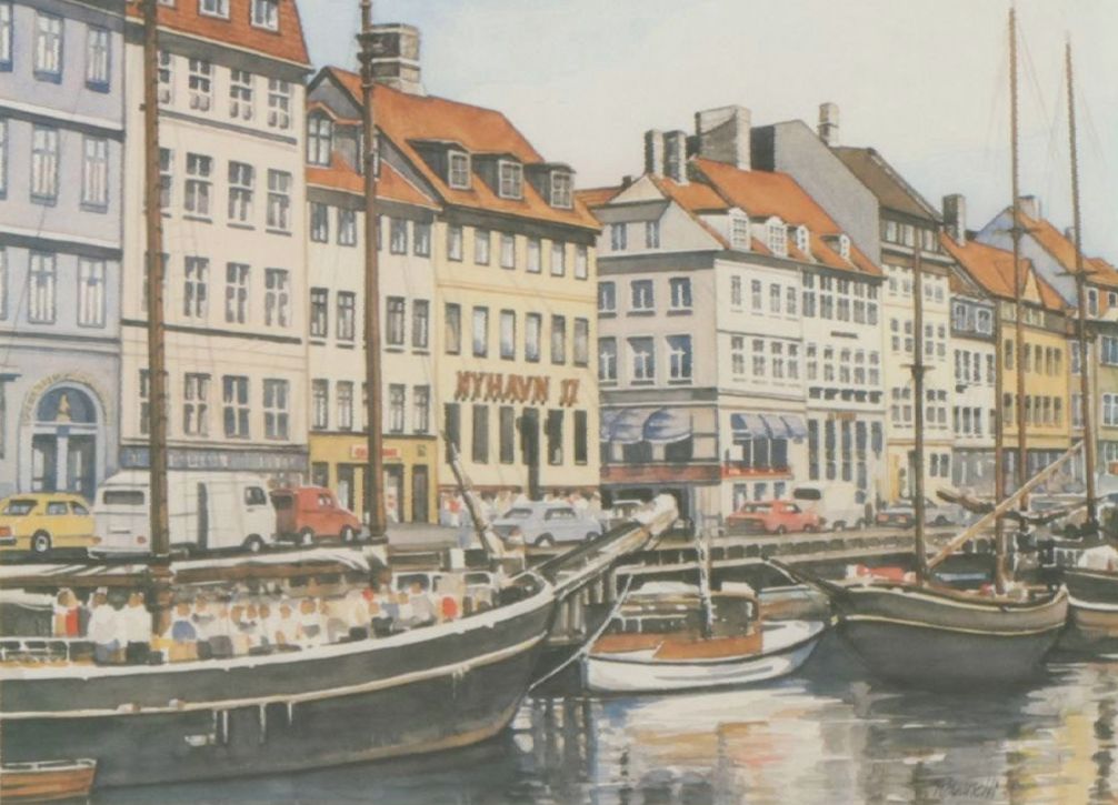 Jerry Ravanelli Offset Lithograph Cityscape Scene of Boats Near Boardwalk