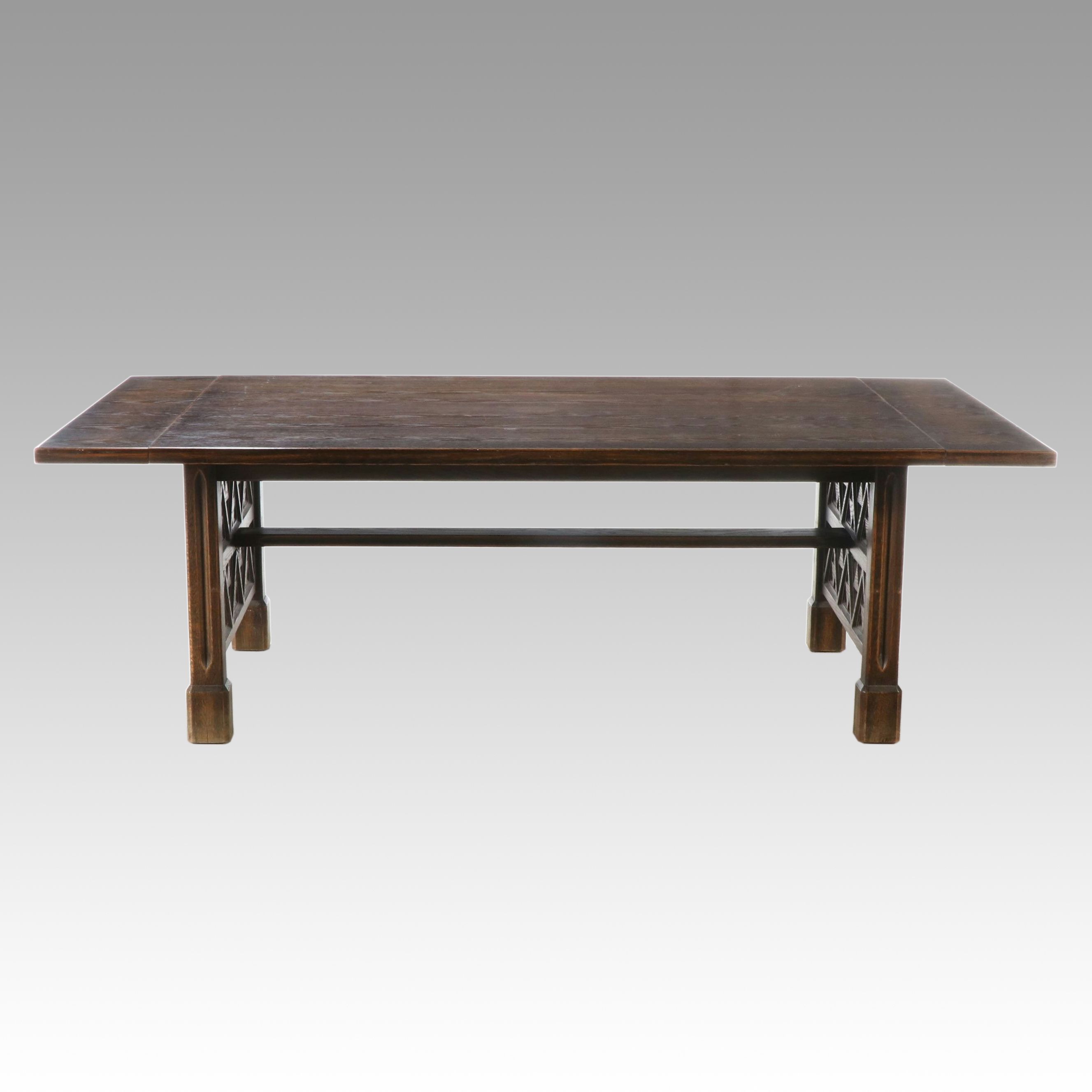 Gothic Style Carved Oak Trestle Dining Table, 20th Century