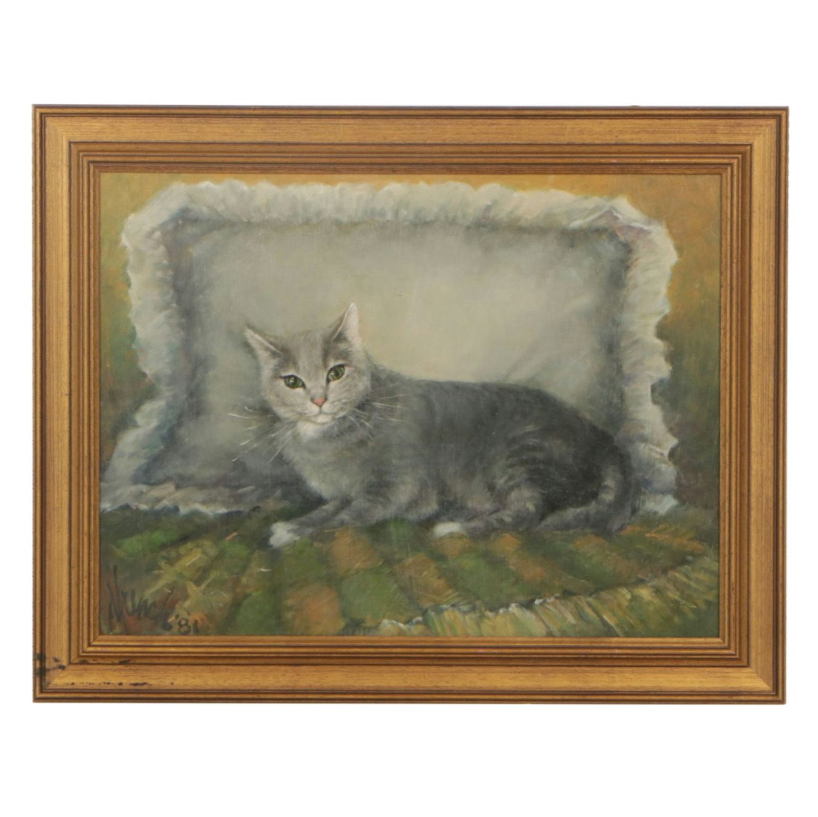 D. French Portrait Oil Painting of Grey Tabby Cat Lying on Cushions, 1981