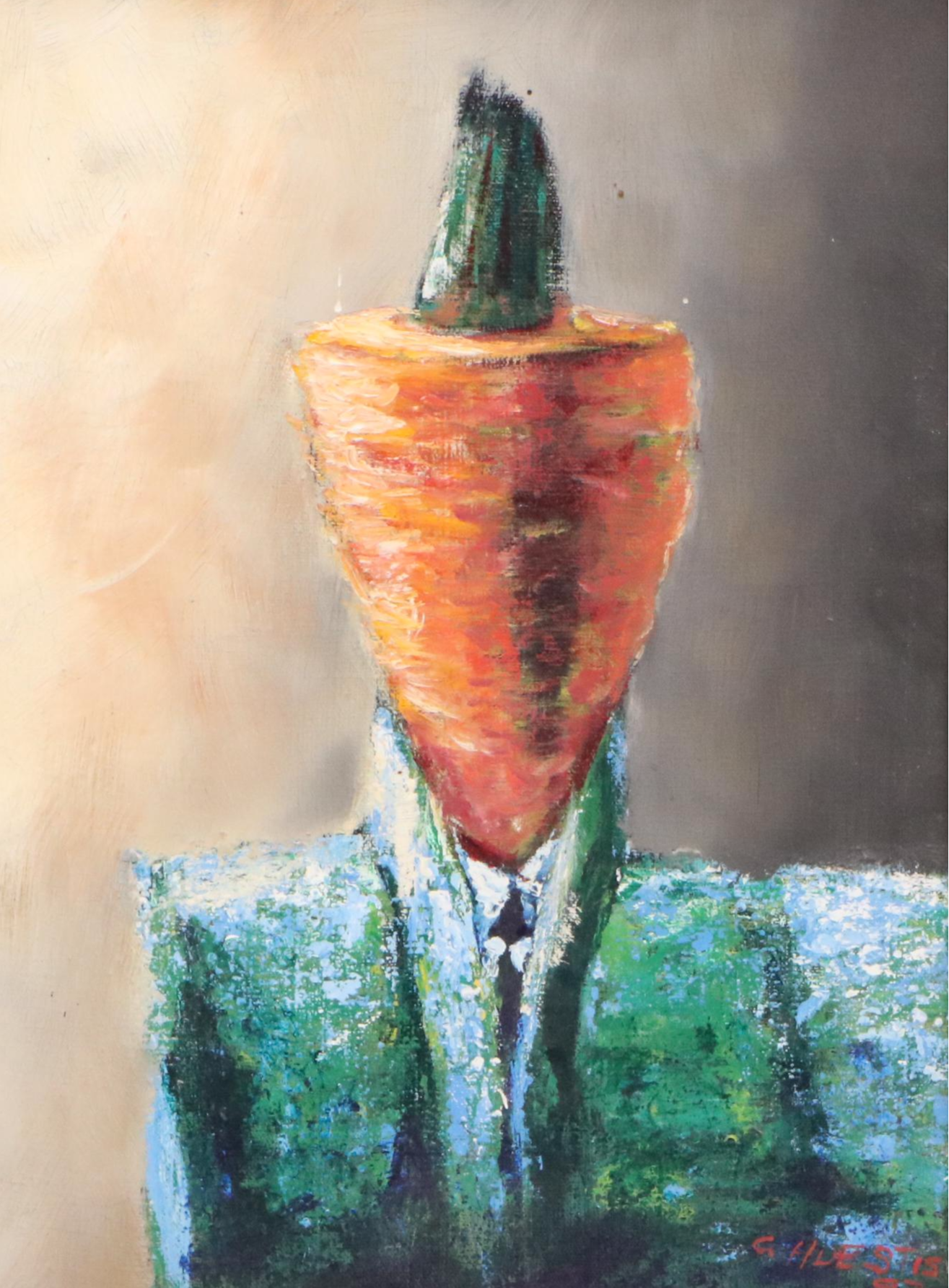 Surrealist Style Oil Painting of Carrot Headed Businessman, 1993