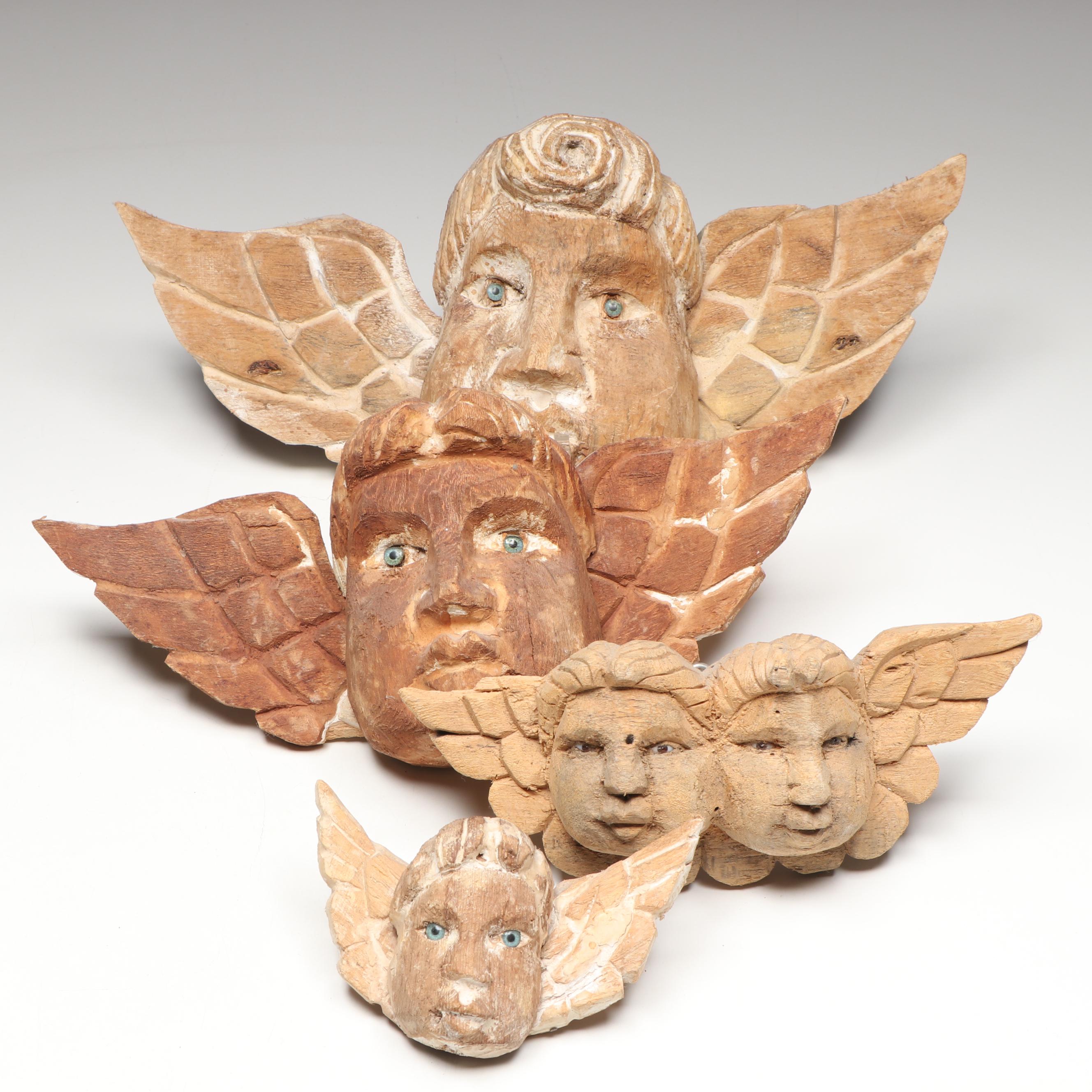 Mexican Folk Art Carved Wood Wall-Mount Angel Faces