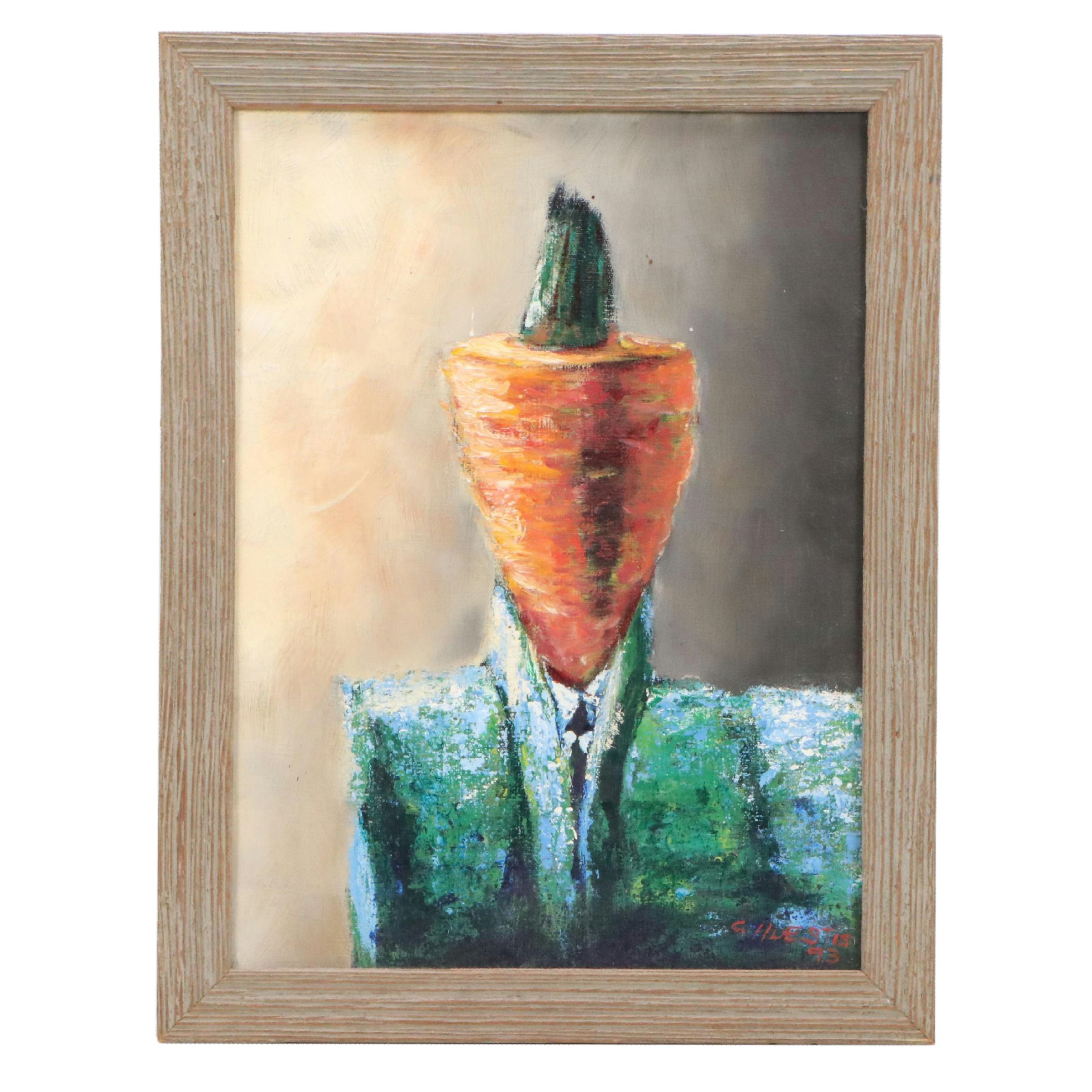 Surrealist Style Oil Painting of Carrot Headed Businessman, 1993