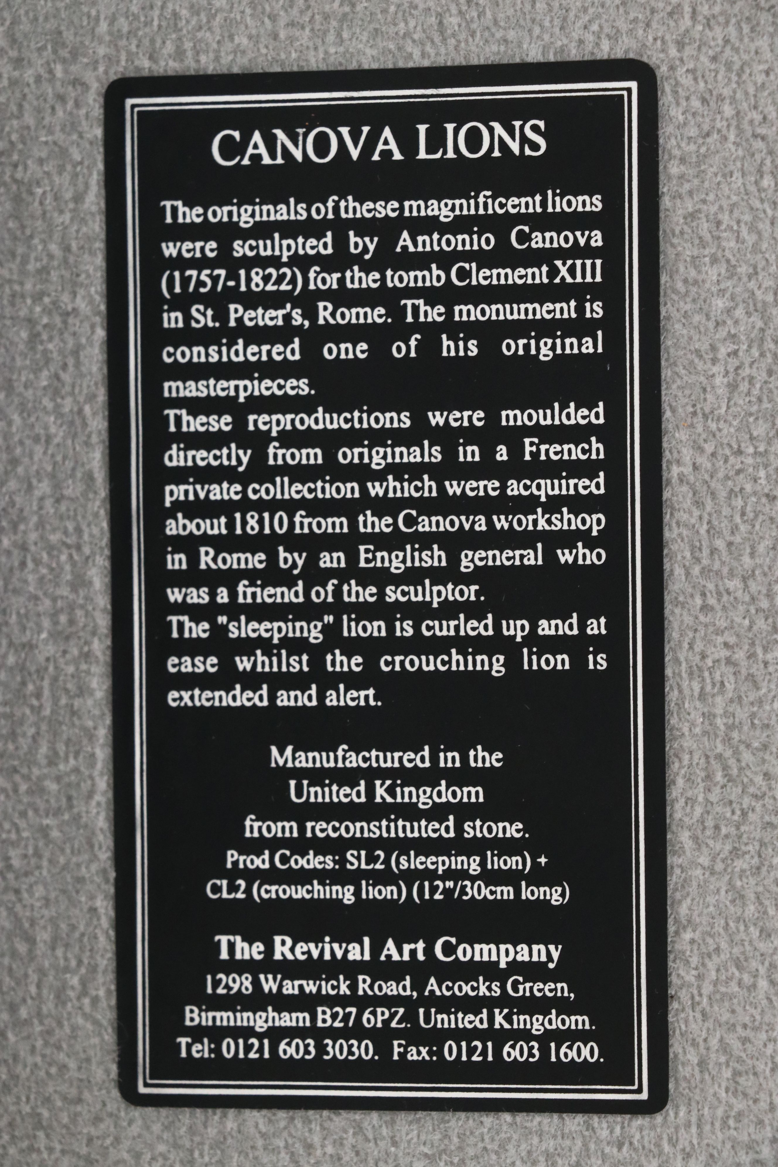 The Revival Art Company "Canova Lion" Composite Sculpture
