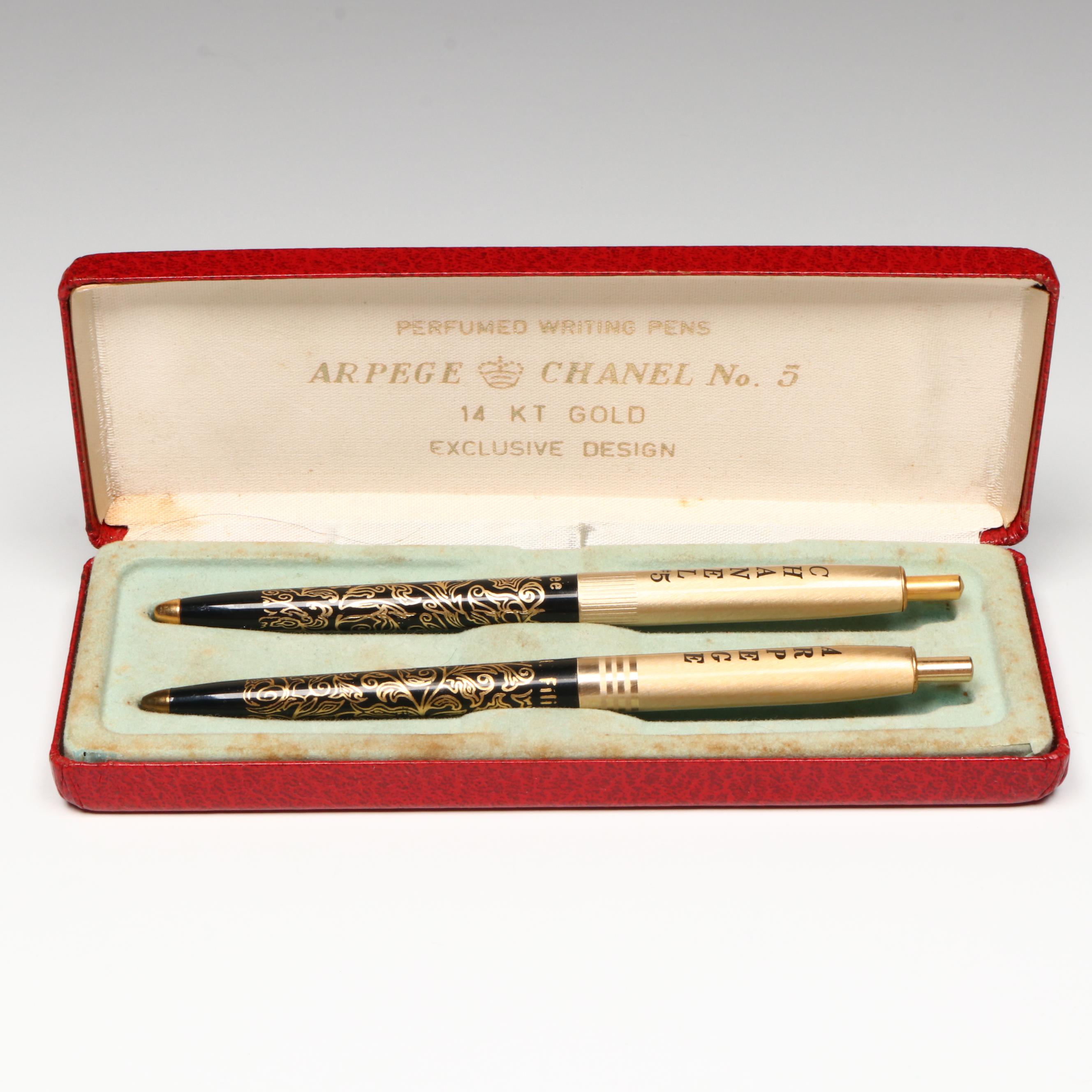 Arpege Chanel No. 5 14K Gold Filigree Ballpoint Pens with Case