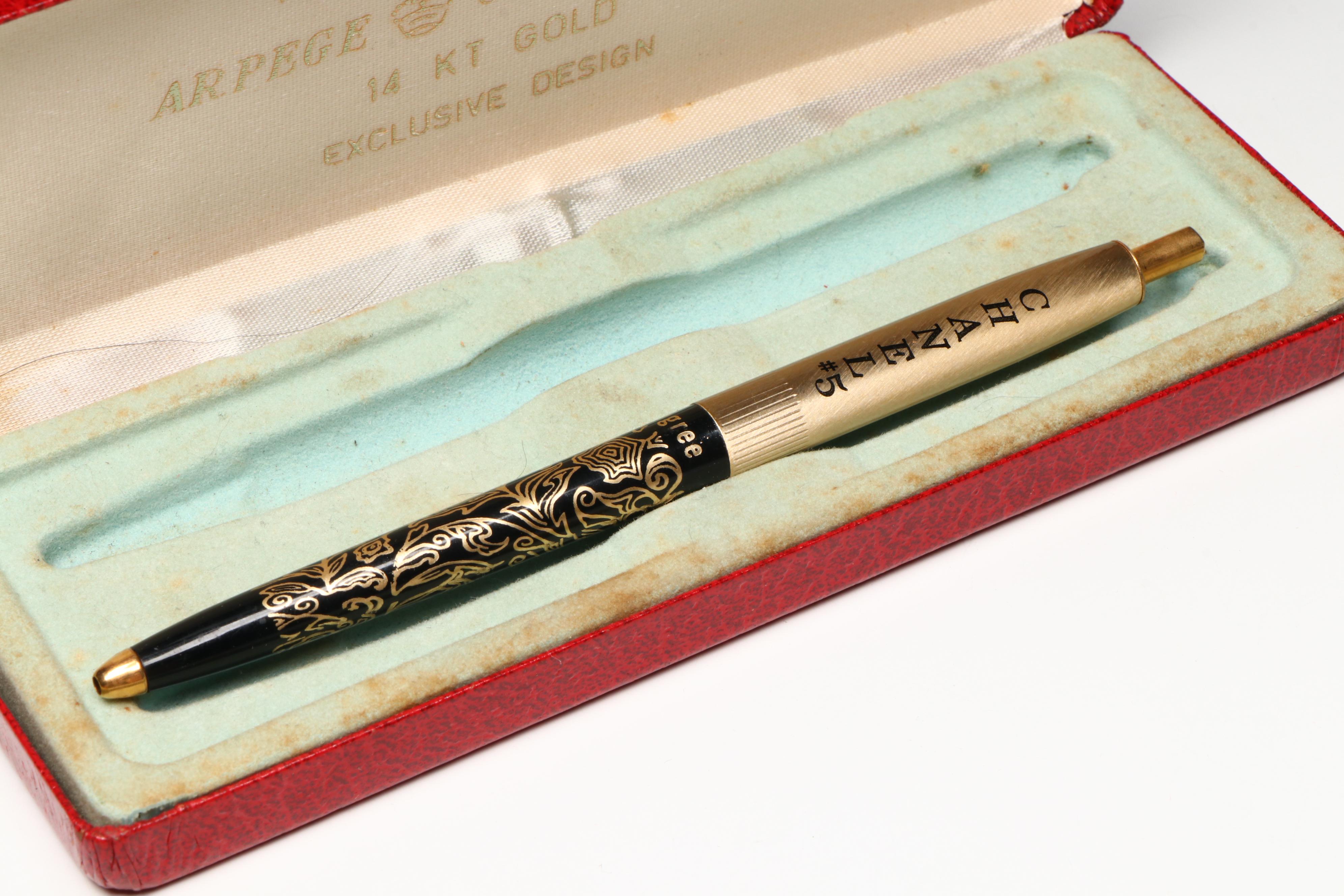 Arpege Chanel No. 5 14K Gold Filigree Ballpoint Pens with Case