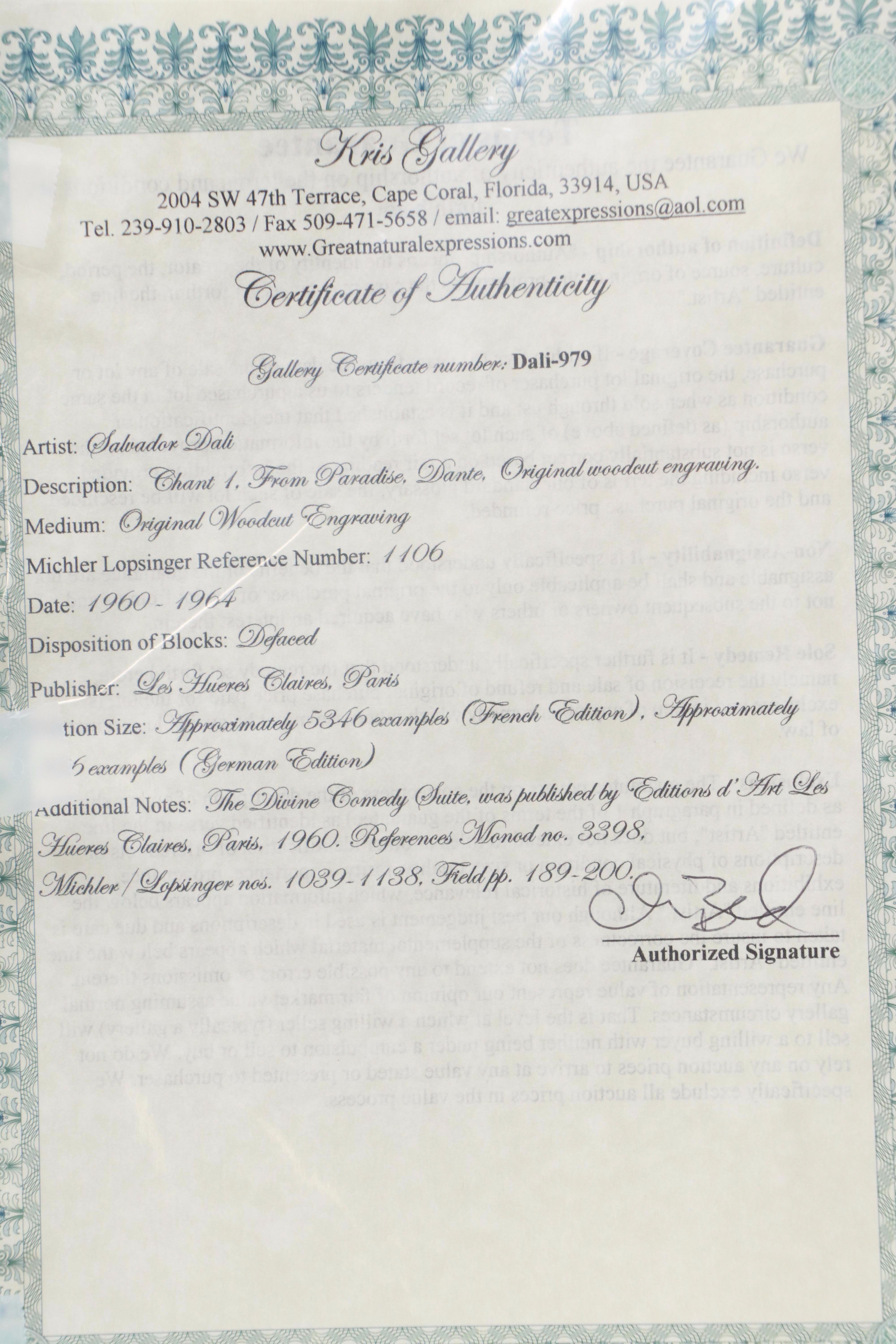 Salvador Dalí Wood Engraving "Canto 1" from "Paradiso," 1960–1964