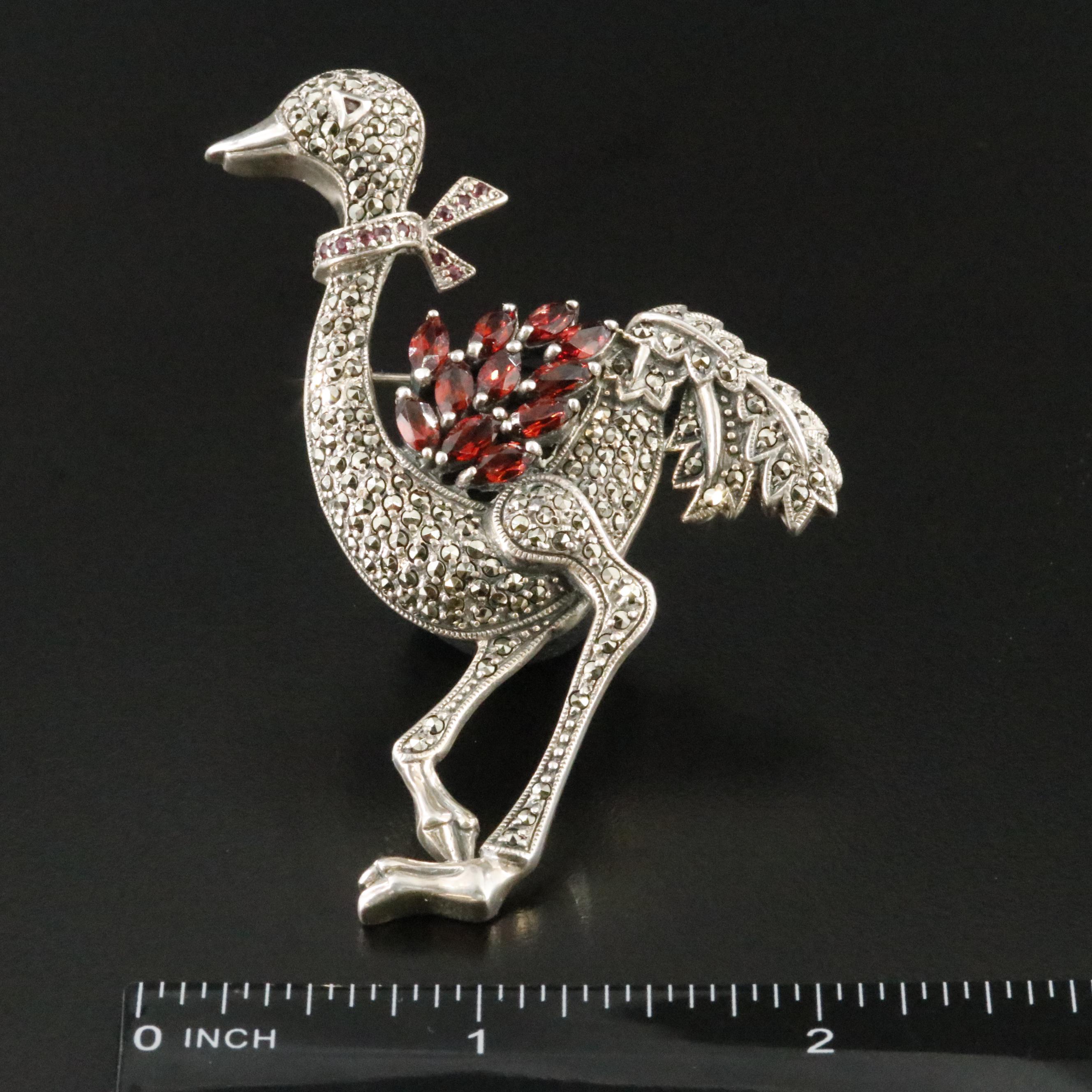 Sterling Marcasite, Ruby and Garnet Ostrich Brooch