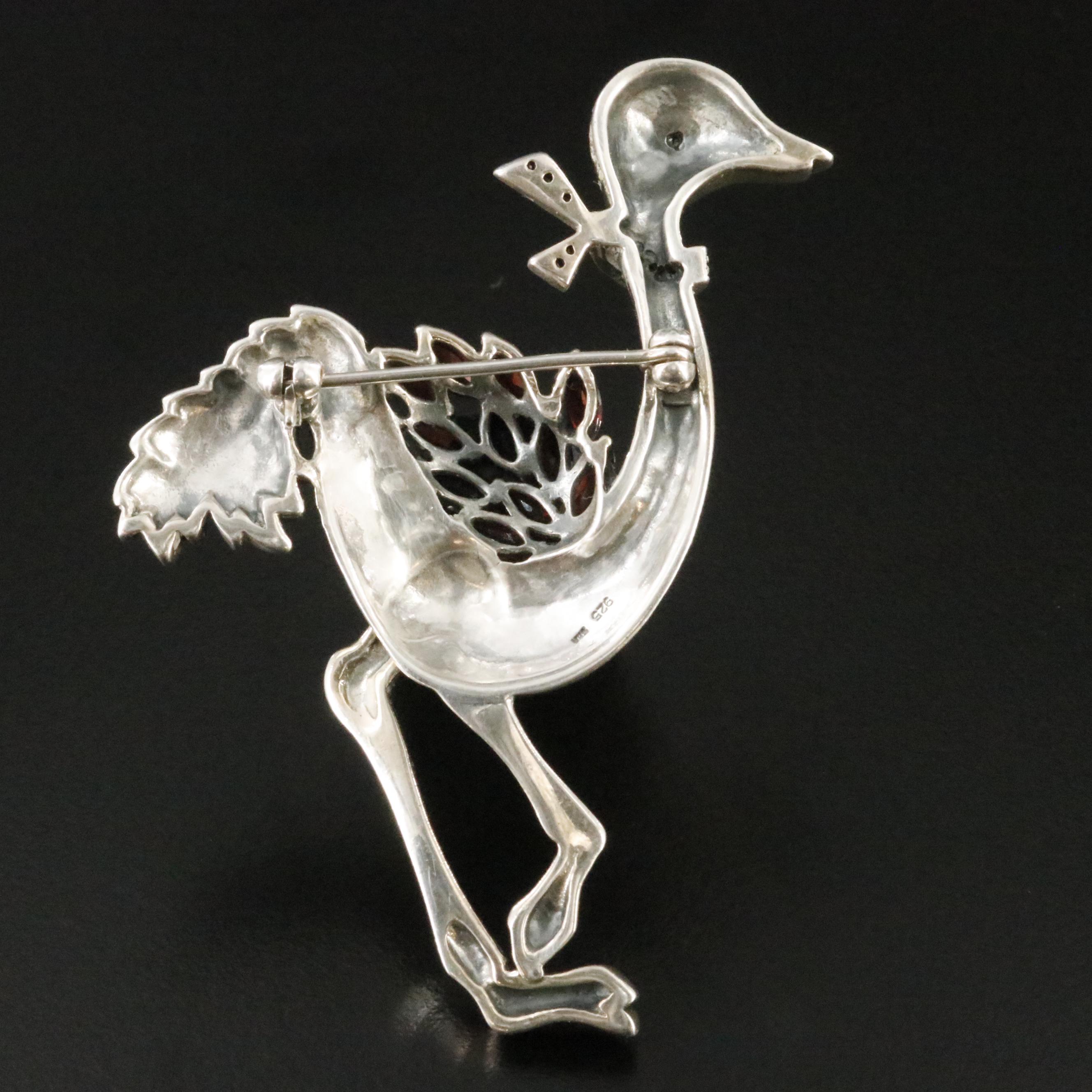 Sterling Marcasite, Ruby and Garnet Ostrich Brooch