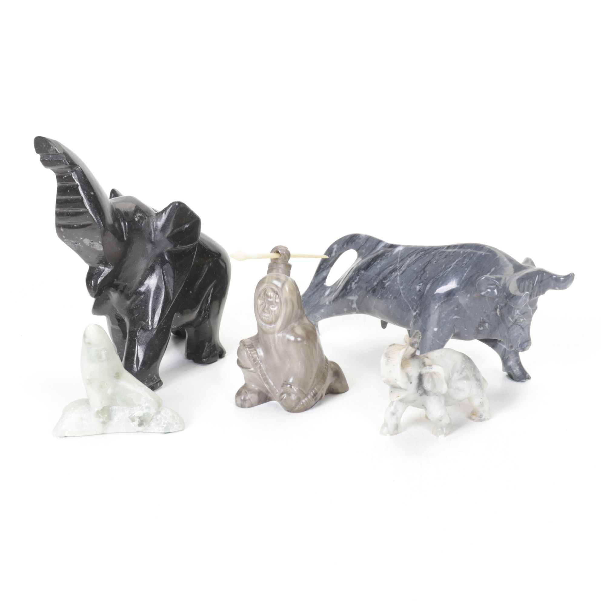 Canadian Carved Soapstone Inuit Figure with Elephants, Seal and Bull