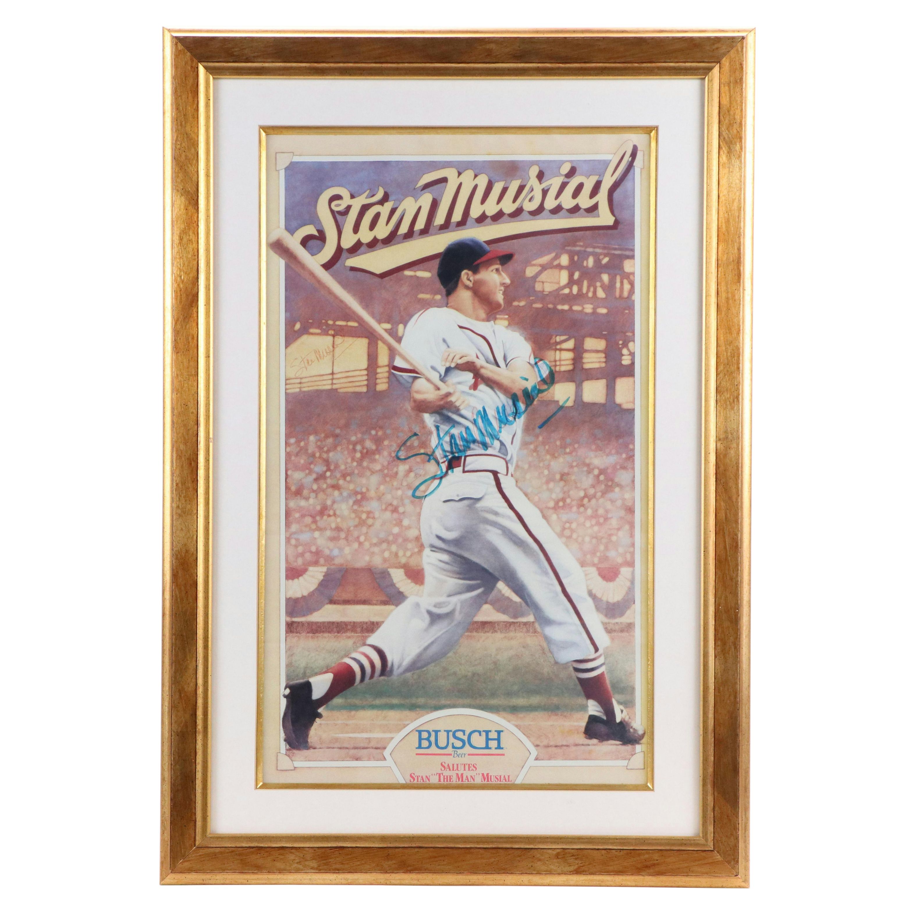 Stan Musial Signed Busch Beer St. Louis Cardinals Baseball Print in Matted Frame