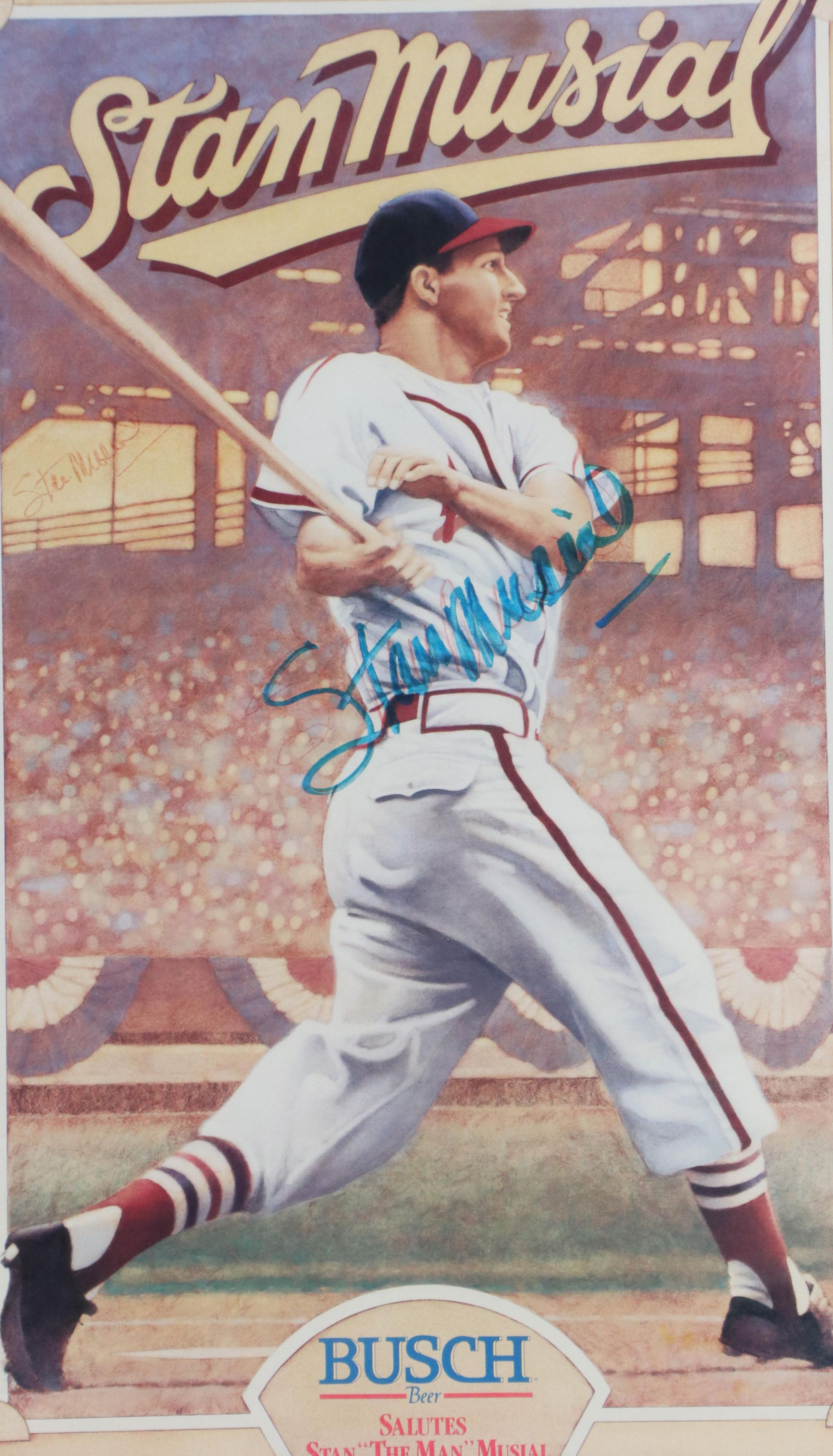 Stan Musial Signed Busch Beer St. Louis Cardinals Baseball Print in Matted Frame