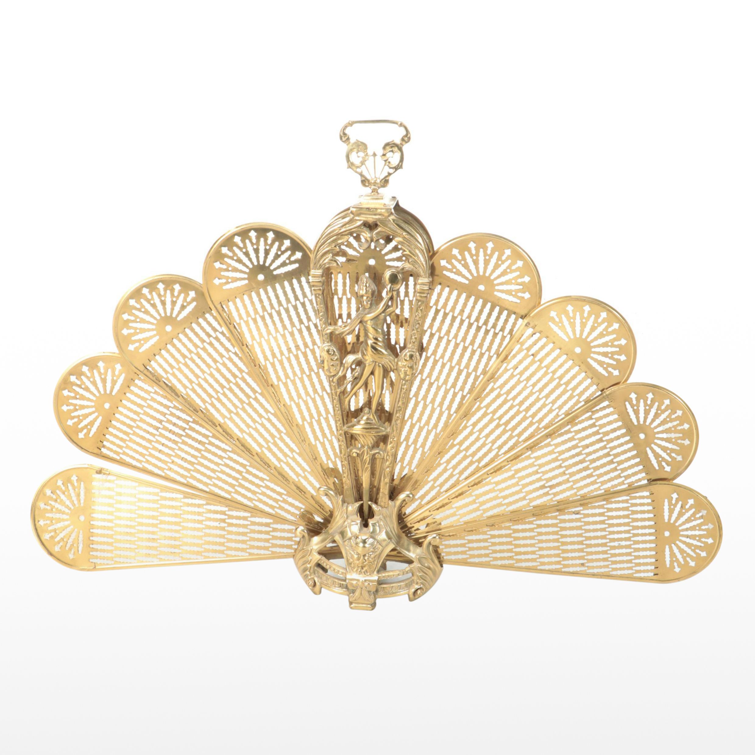 Hollywood Regency Style Brass Peacock Fan Fireplace Screen