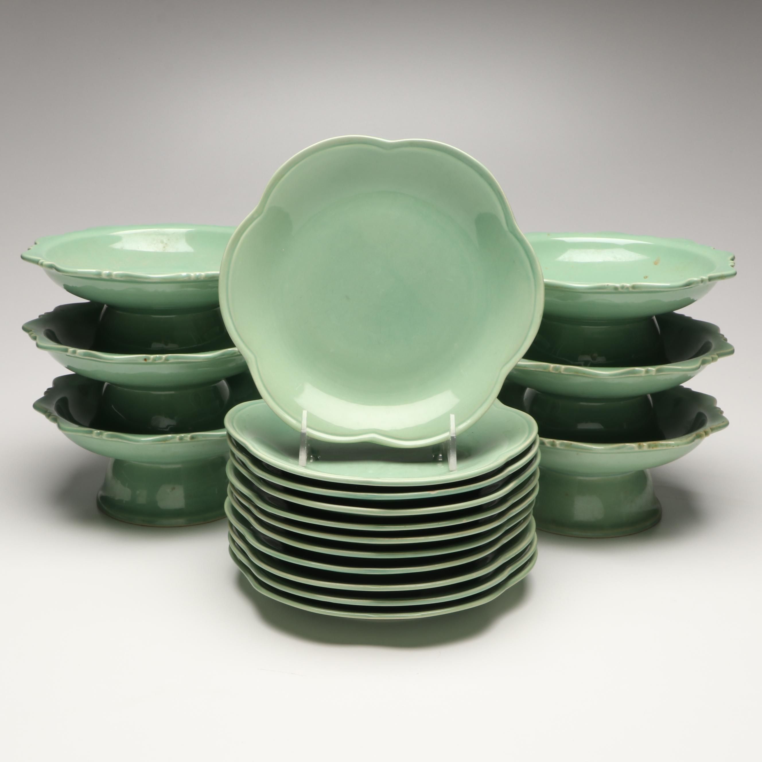 Thai Celadon Scalloped Edge Plates and Pedestal Bowls