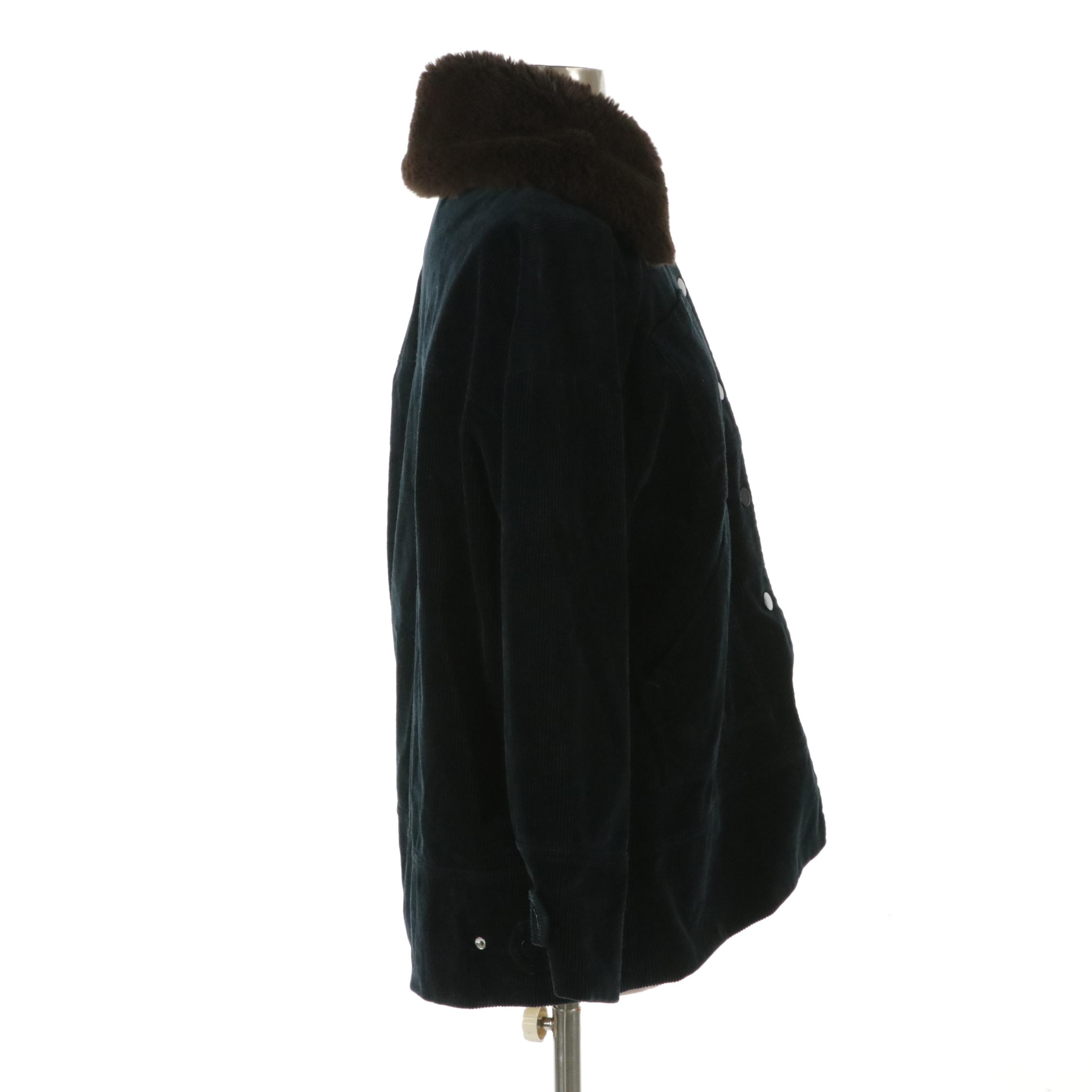 Ganni "Ridgewood" Corduroy Coat with Faux Fur Collar