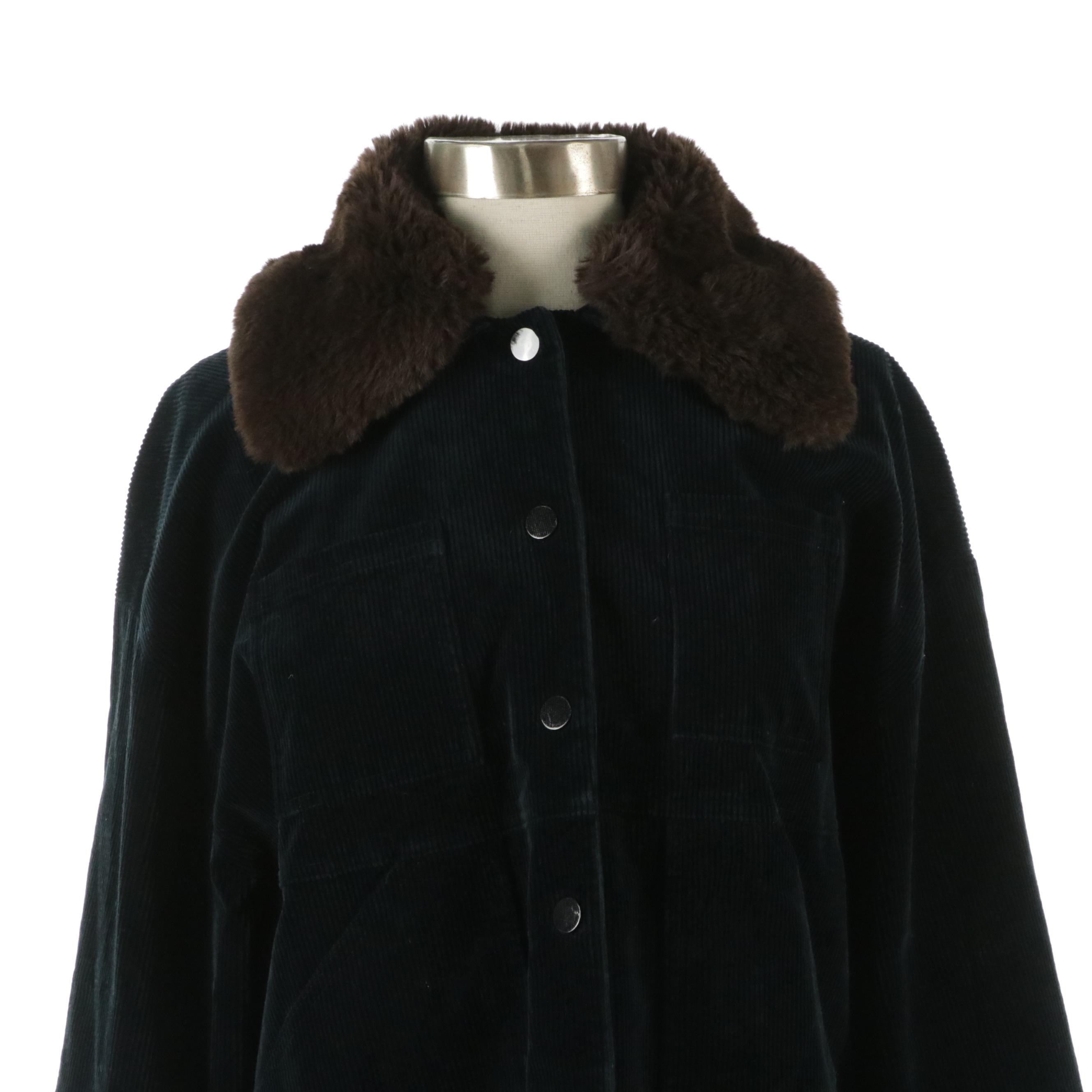 Ganni "Ridgewood" Corduroy Coat with Faux Fur Collar