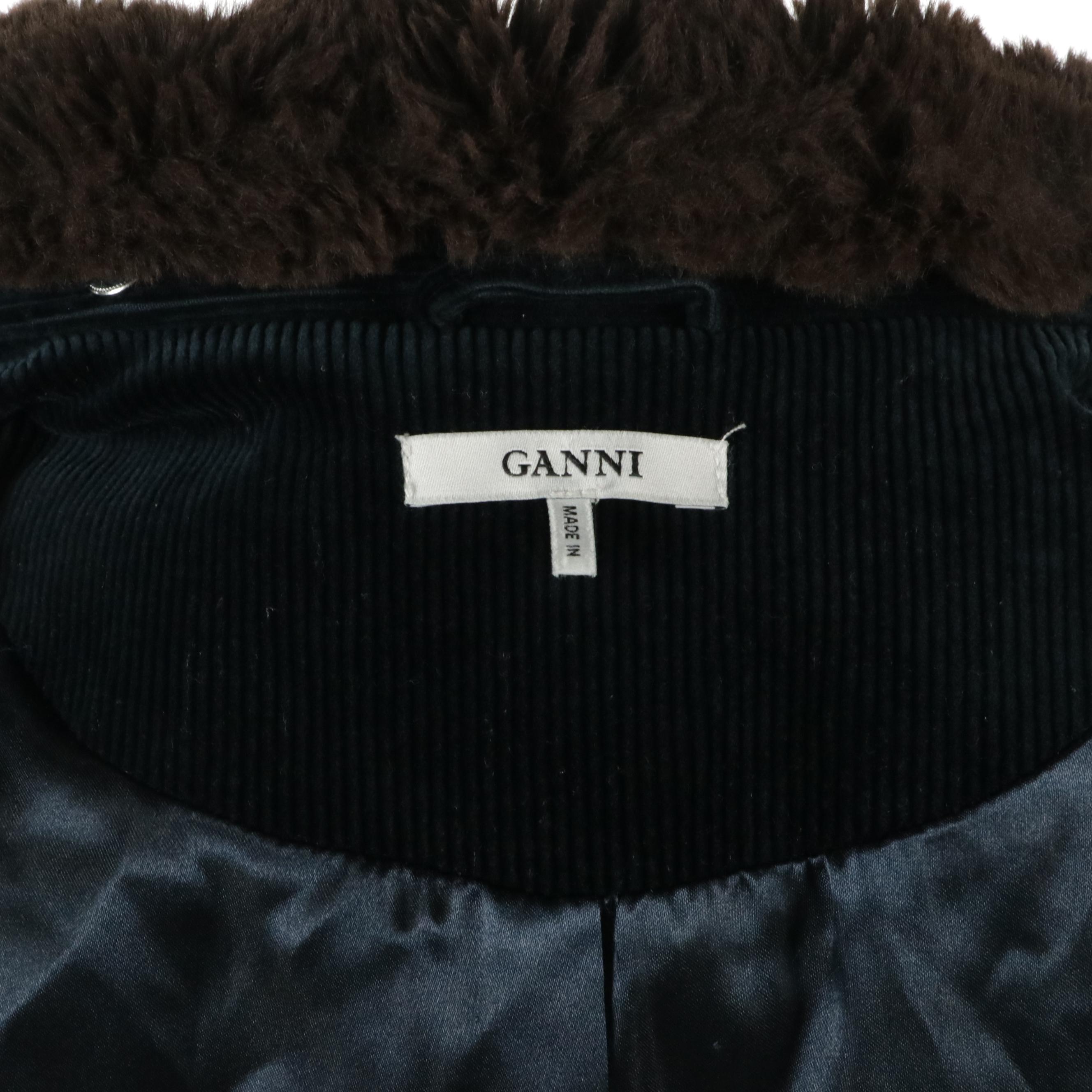 Ganni "Ridgewood" Corduroy Coat with Faux Fur Collar