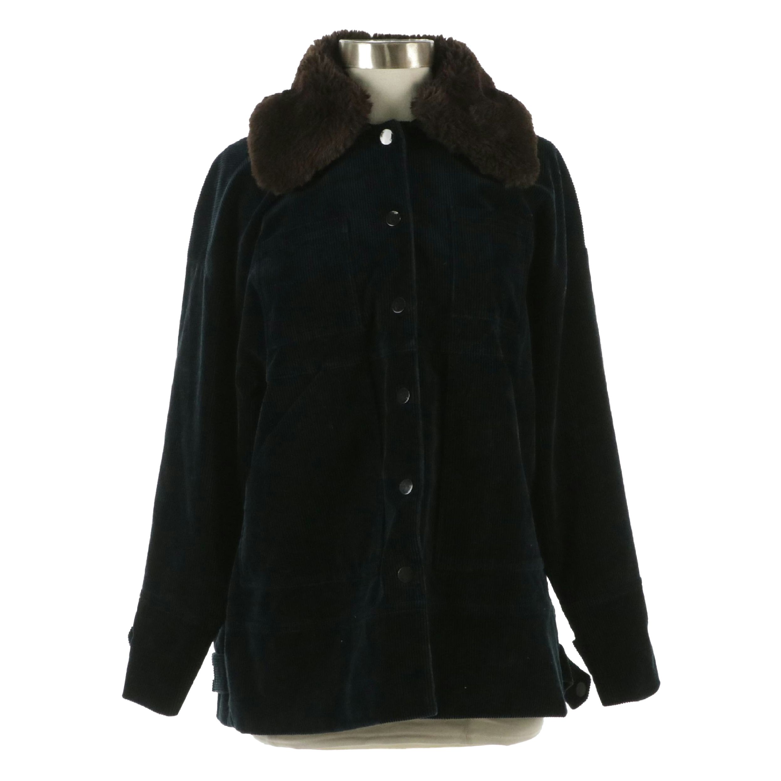 Ganni "Ridgewood" Corduroy Coat with Faux Fur Collar