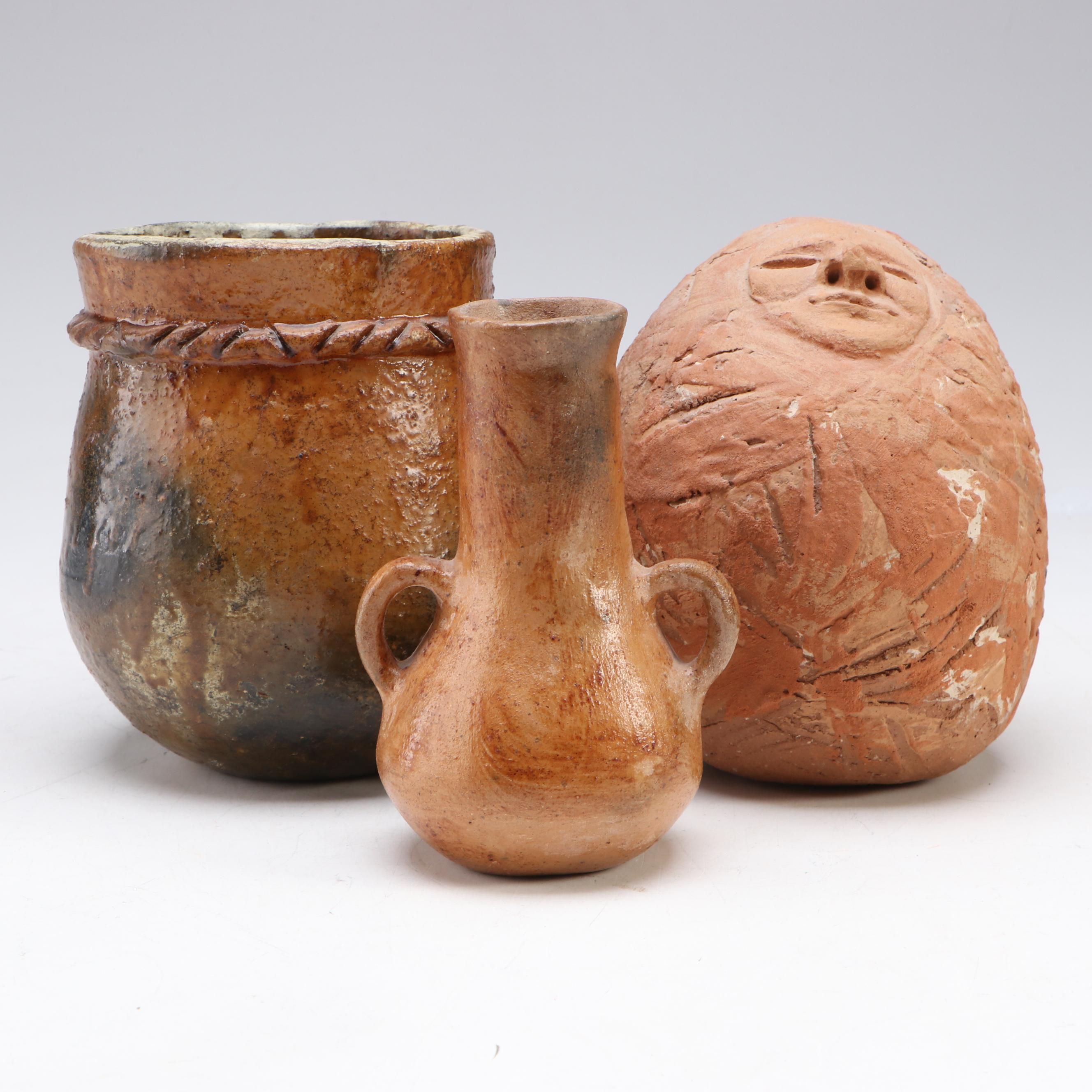 DeWitt Terracotta Face with Rustic Earthenware Pottery, Late 20th Century