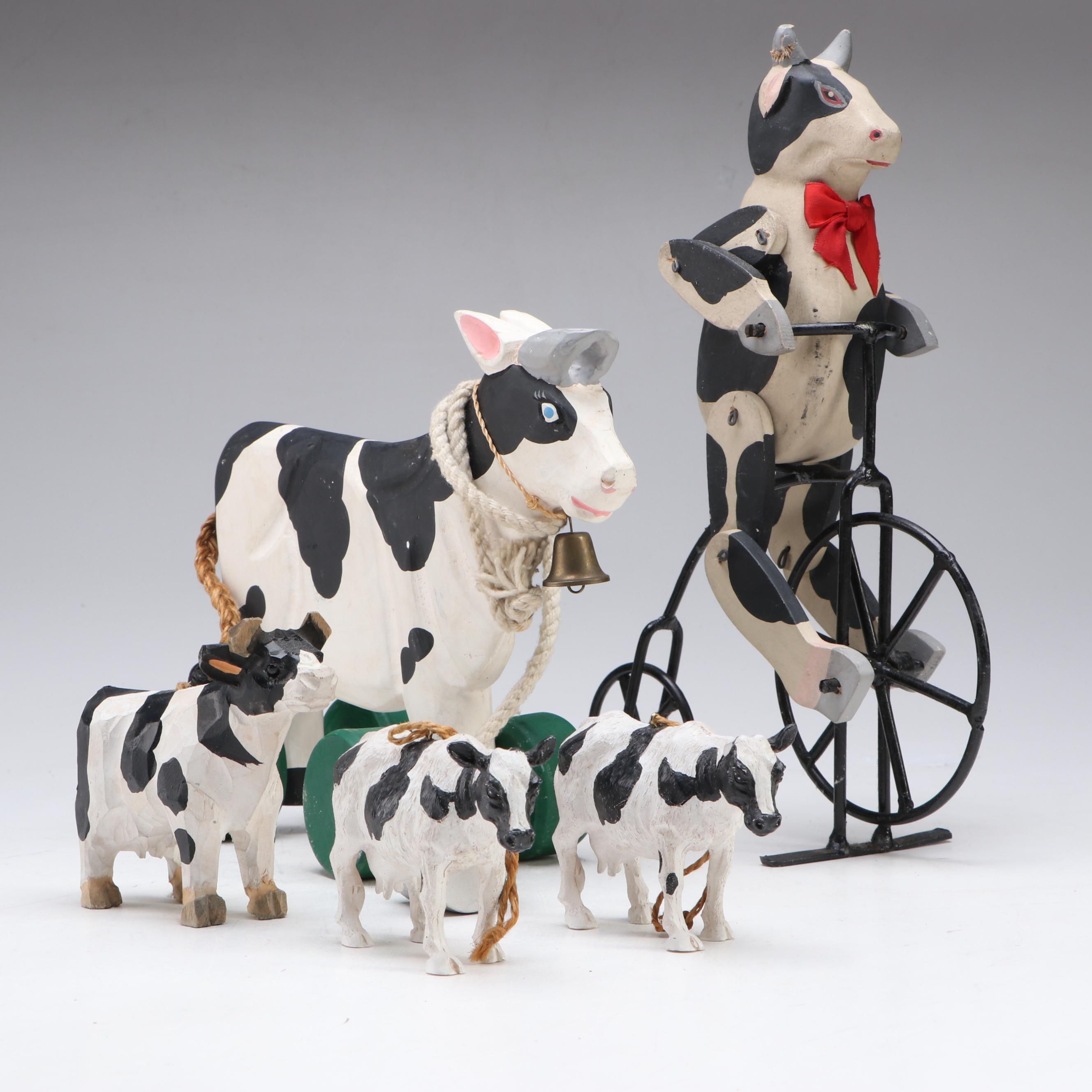 Rustic Style Wooden Cow Pull-Toy, Ornaments and Cow Figurine on Tricycle