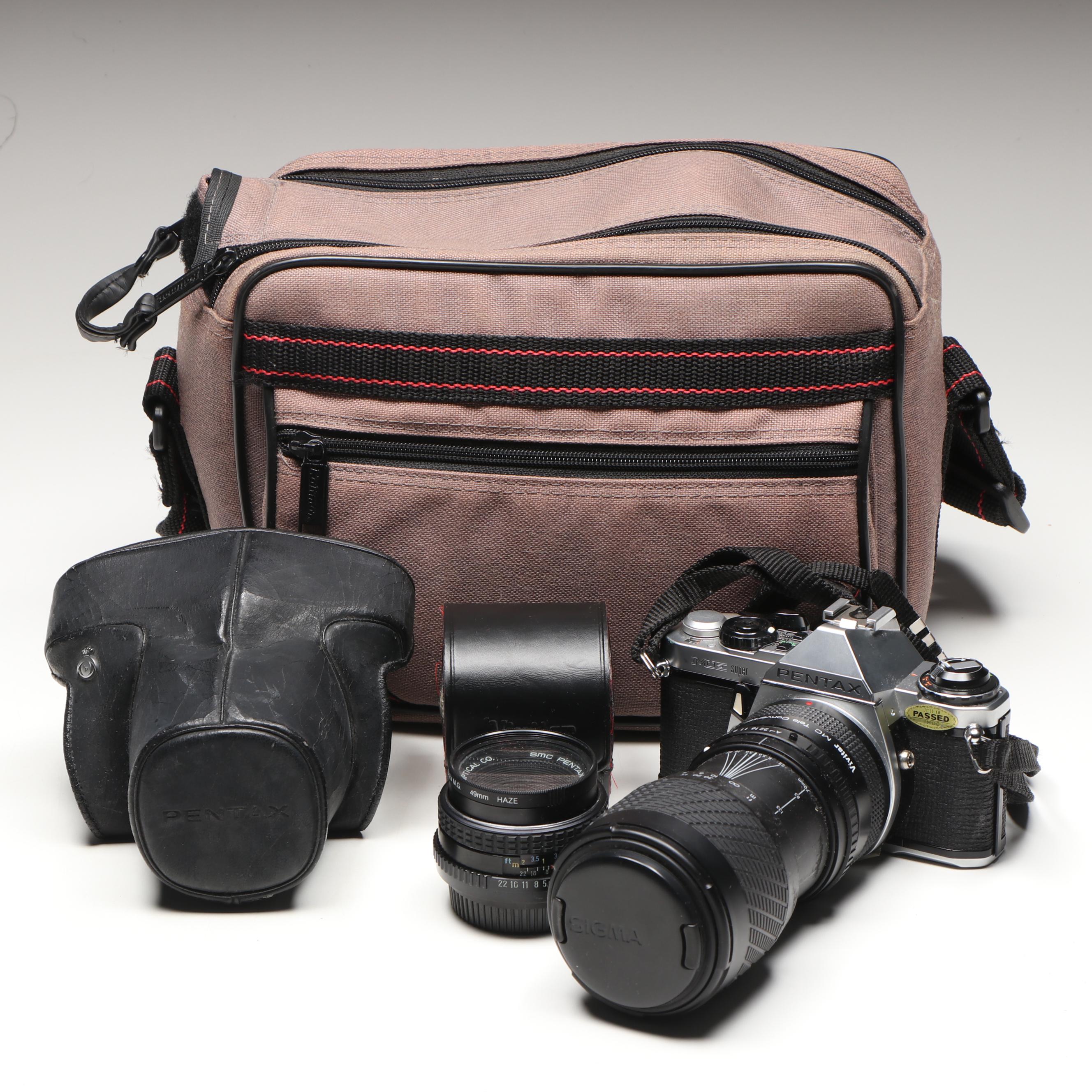 Pentax ME Super Camera with Cases, Lens, and Camera Bag, Late 20th C.