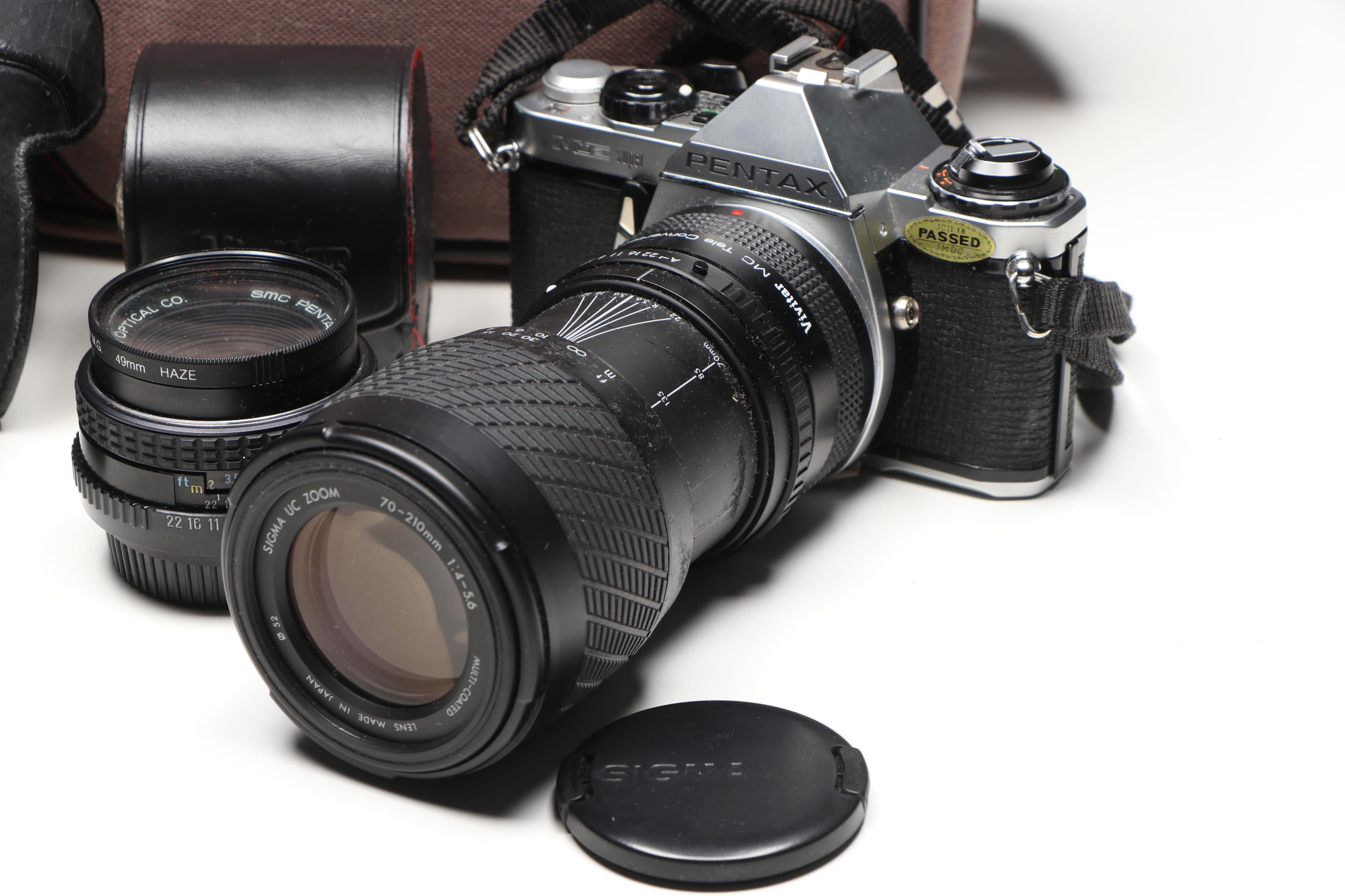 Pentax ME Super Camera with Cases, Lens, and Camera Bag, Late 20th C.