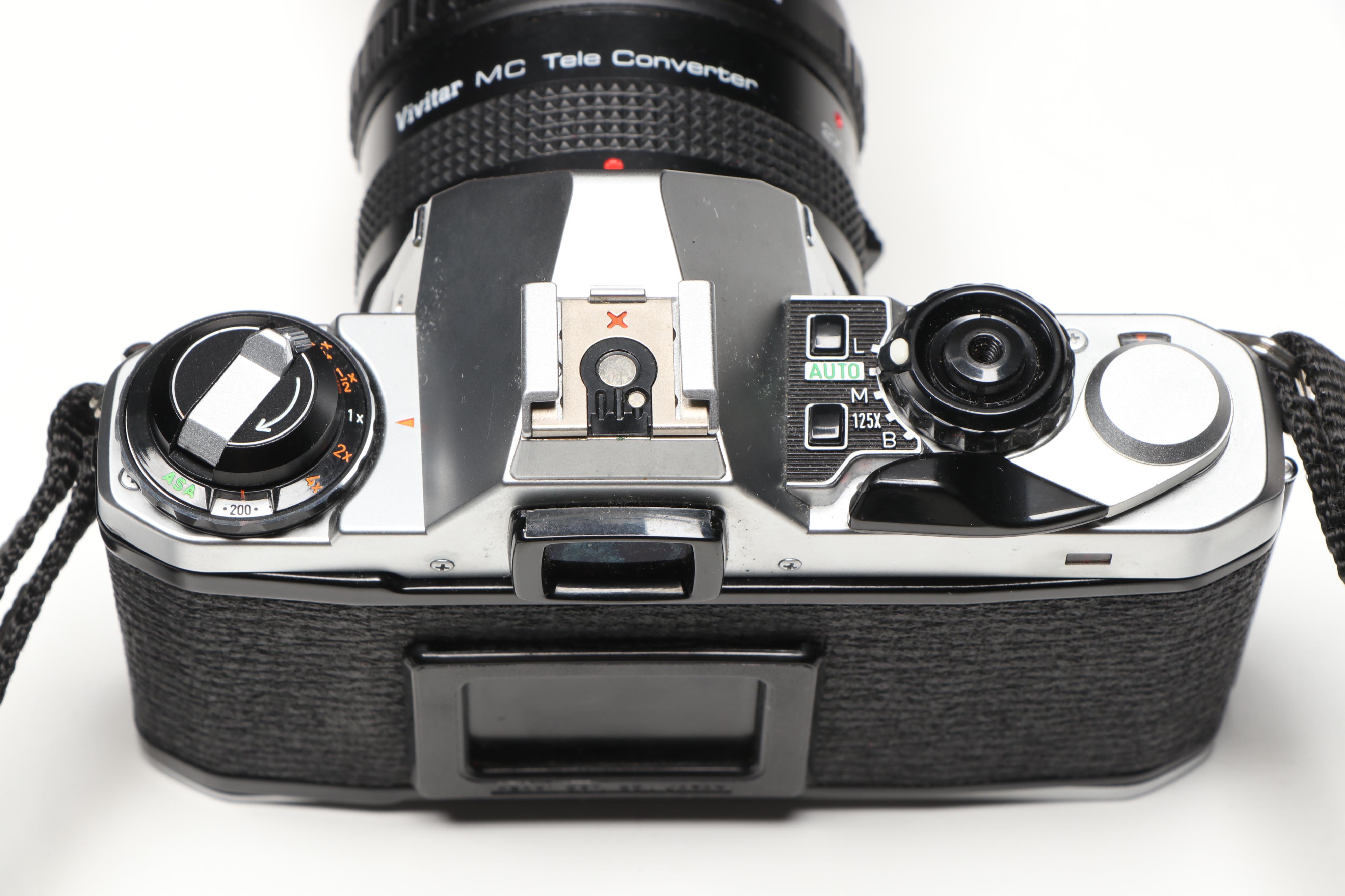 Pentax ME Super Camera with Cases, Lens, and Camera Bag, Late 20th C.