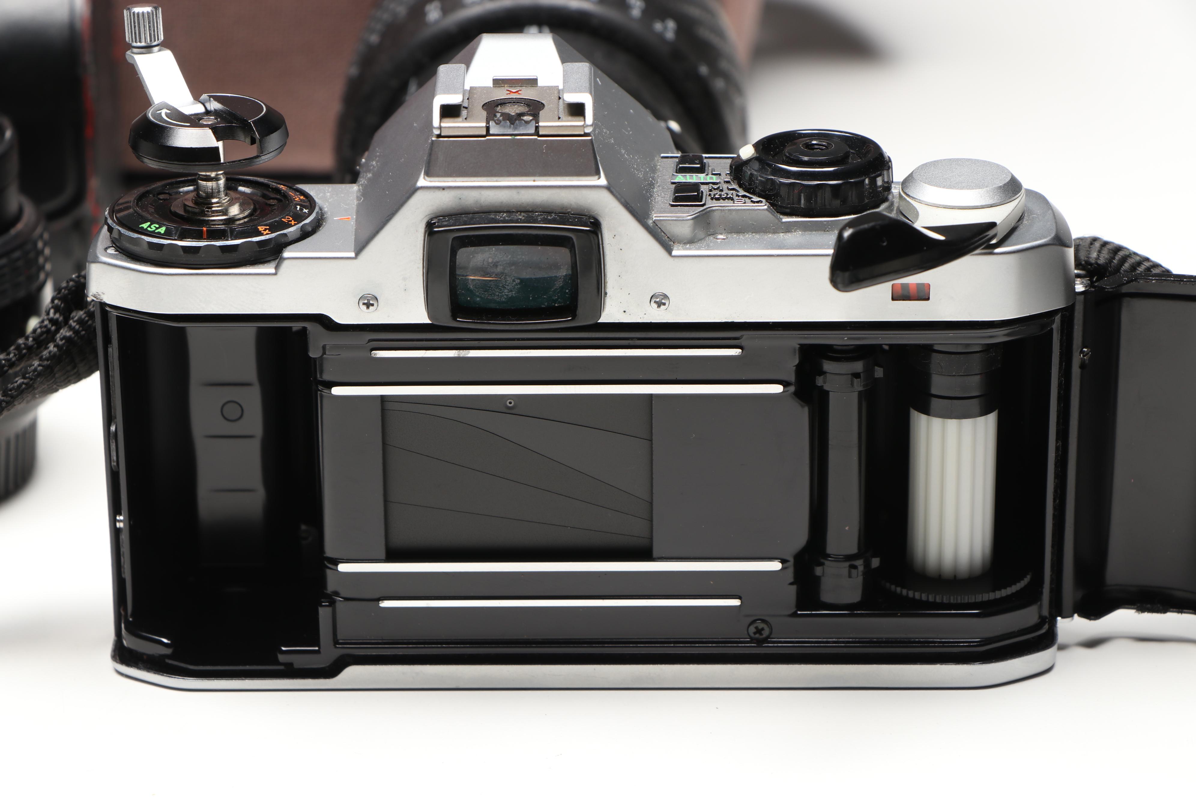 Pentax ME Super Camera with Cases, Lens, and Camera Bag, Late 20th C.