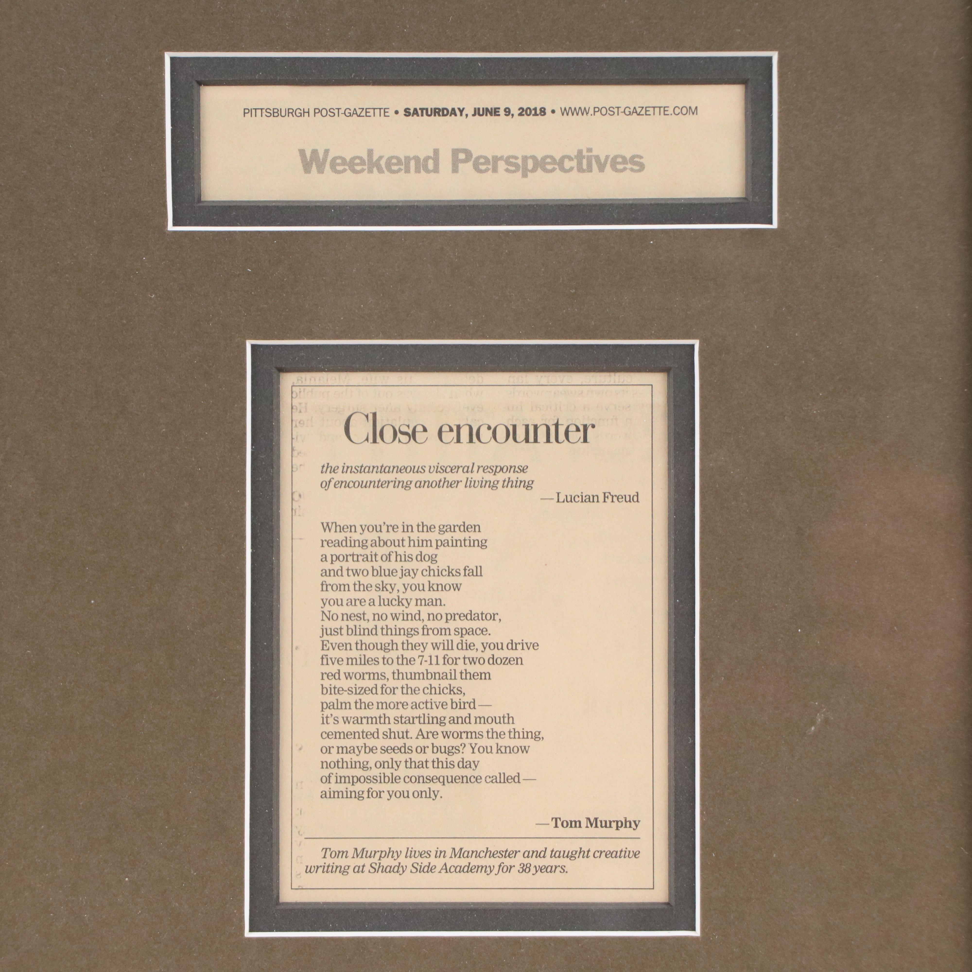 Pittsburgh Post-Gazette Newsprint Poem "Close Encounter" by Tom Murphy, 2018