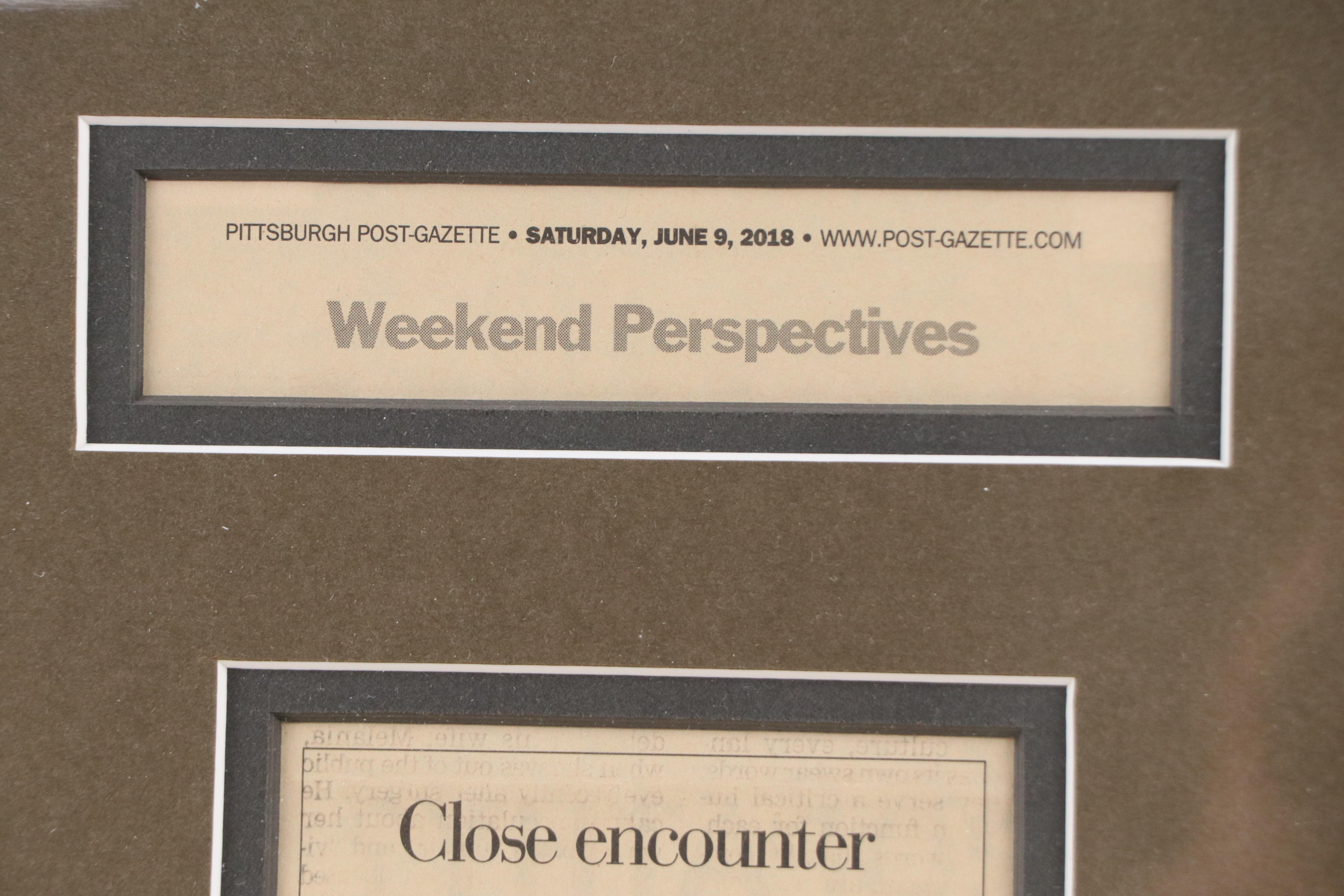 Pittsburgh Post-Gazette Newsprint Poem "Close Encounter" by Tom Murphy, 2018
